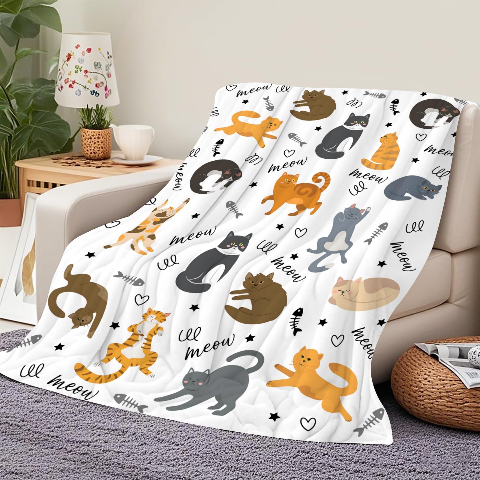 Qucarder Cute Cat Throw Blanket Animals Pet Pattern Blanket Gift for Girl Boy Kids Cat Lovers Soft Cozy Flannel Blanket for Living Rooms Bedroom Couch Sofa Home Decor 50x60 Inch - Image 3