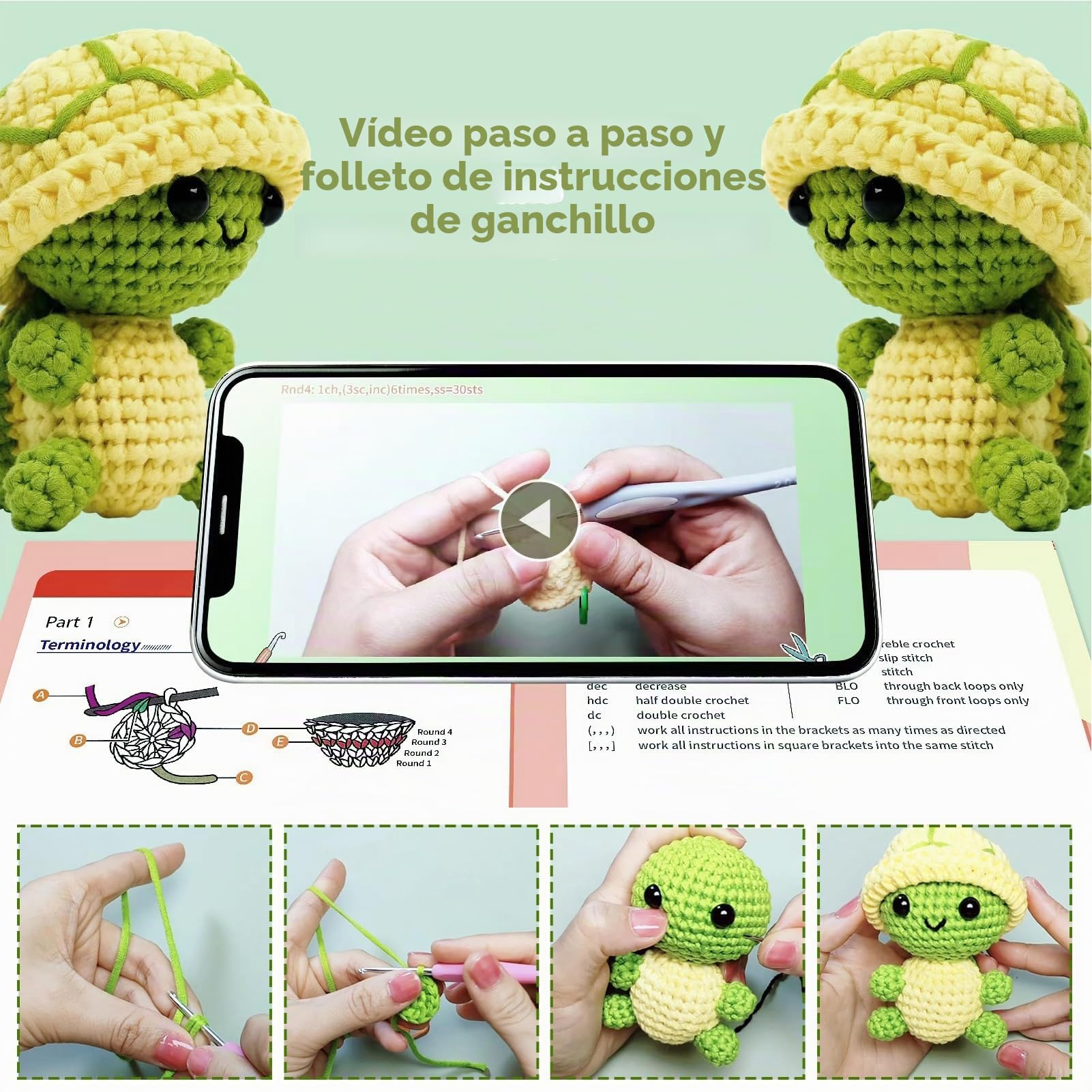 LYKTRIX Juego de ganchillo para principiantes con instrucciones, adecuado para adultos y niños, crochet tortuga