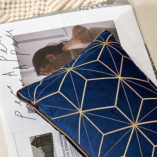 Miniatura 4 de Aeckself Funda de cojín de terciopelo bordada de terciopelo de 12 x 20 pulgadas, color azul marino y dorado, funda de cojín rectangular moderna de