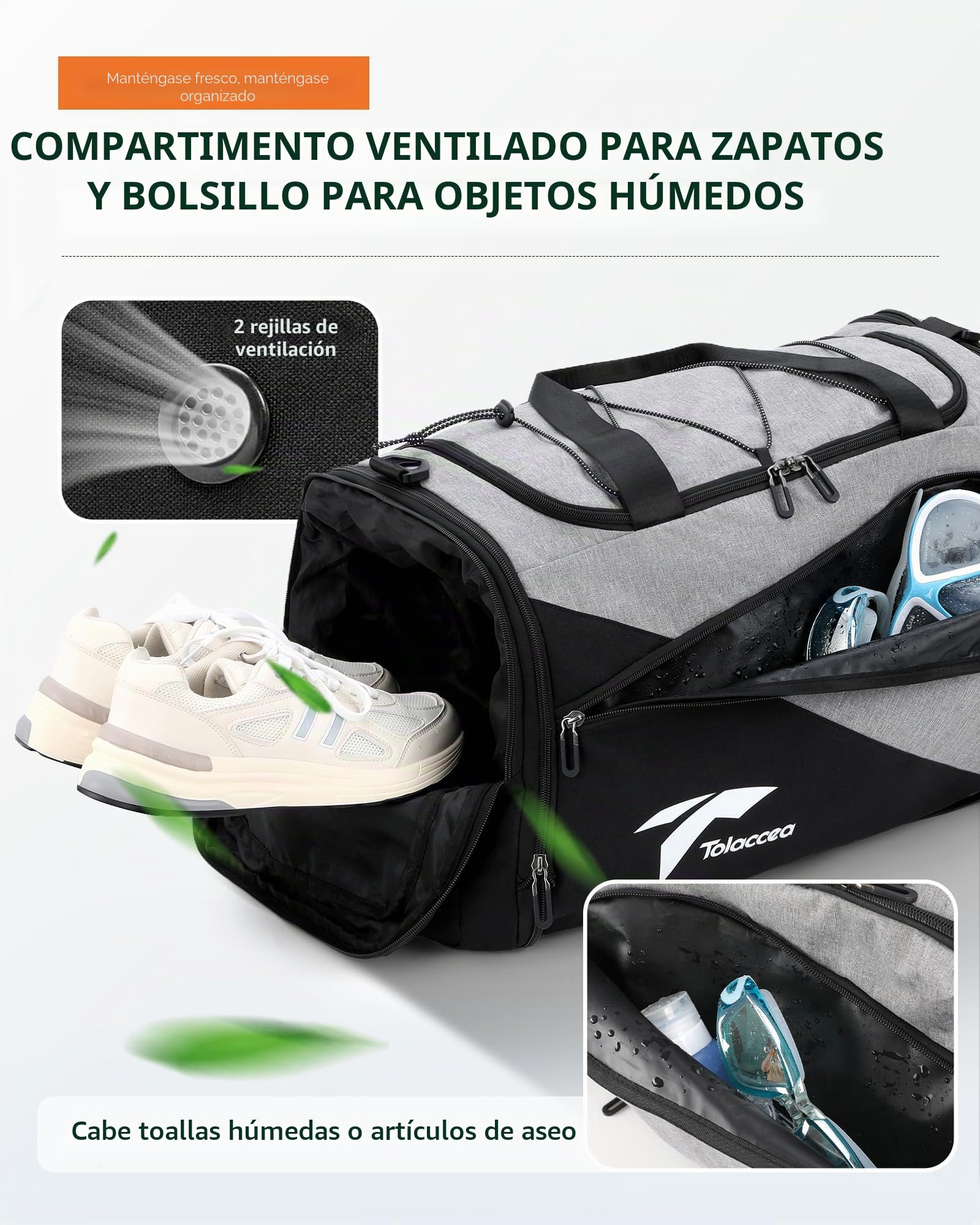 Tolaccea Bolsa Deporte 45-63L Ampliable de para Hombre y Mujer,Bolsa Gimnasio,con Compartimentos de Zapatos y Humedad,Bolsa de Viaje, Yoga, Fin de Semana, Natación,Pilates(Gris)