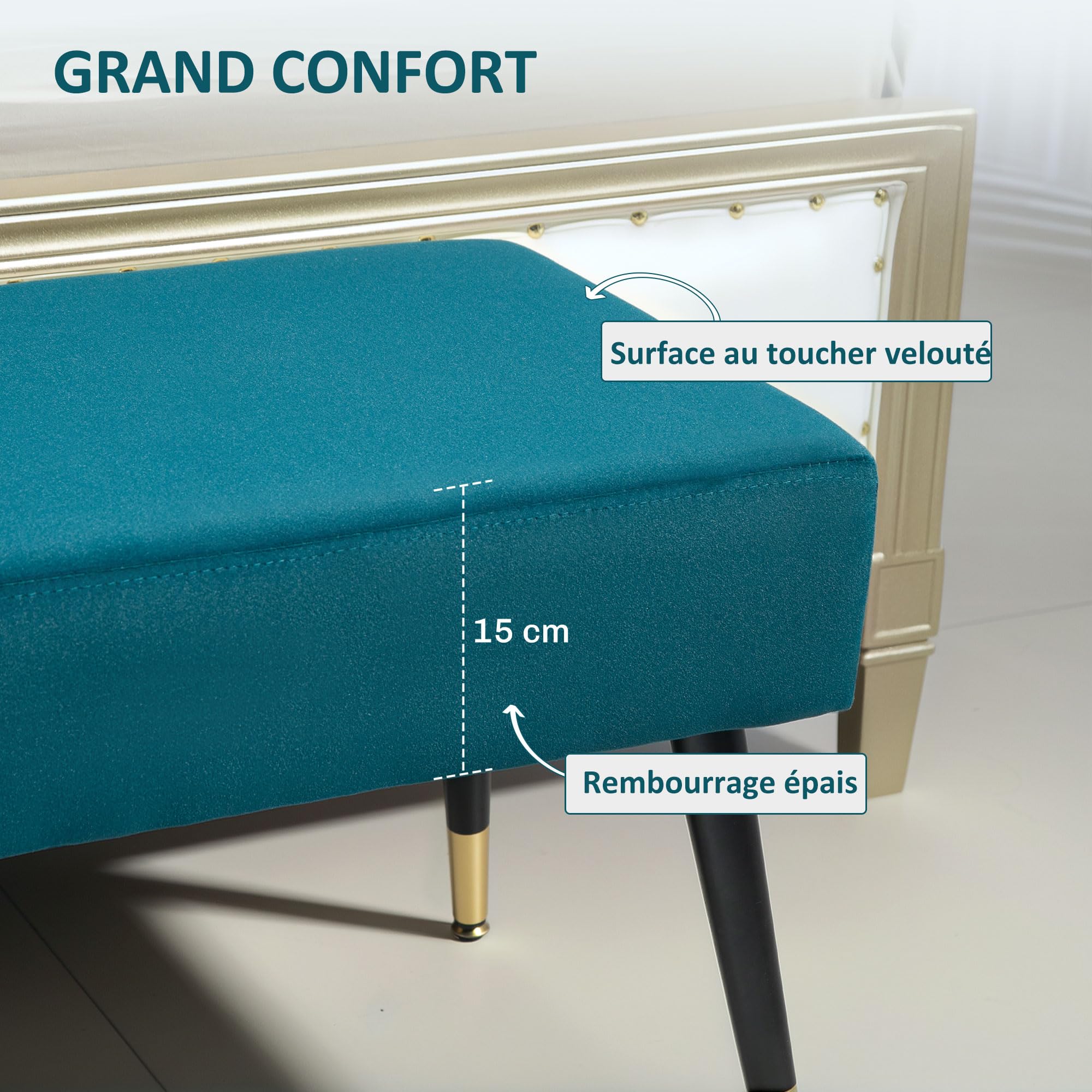 HOMCOM Banc Bout de lit Banquette rembourrée en Velours Banc d'entrée avec Pieds en métal, pour Chambre Salle à Manger Salon Couloir, 109,5 x 39,5 x 45,5 cm, Vert