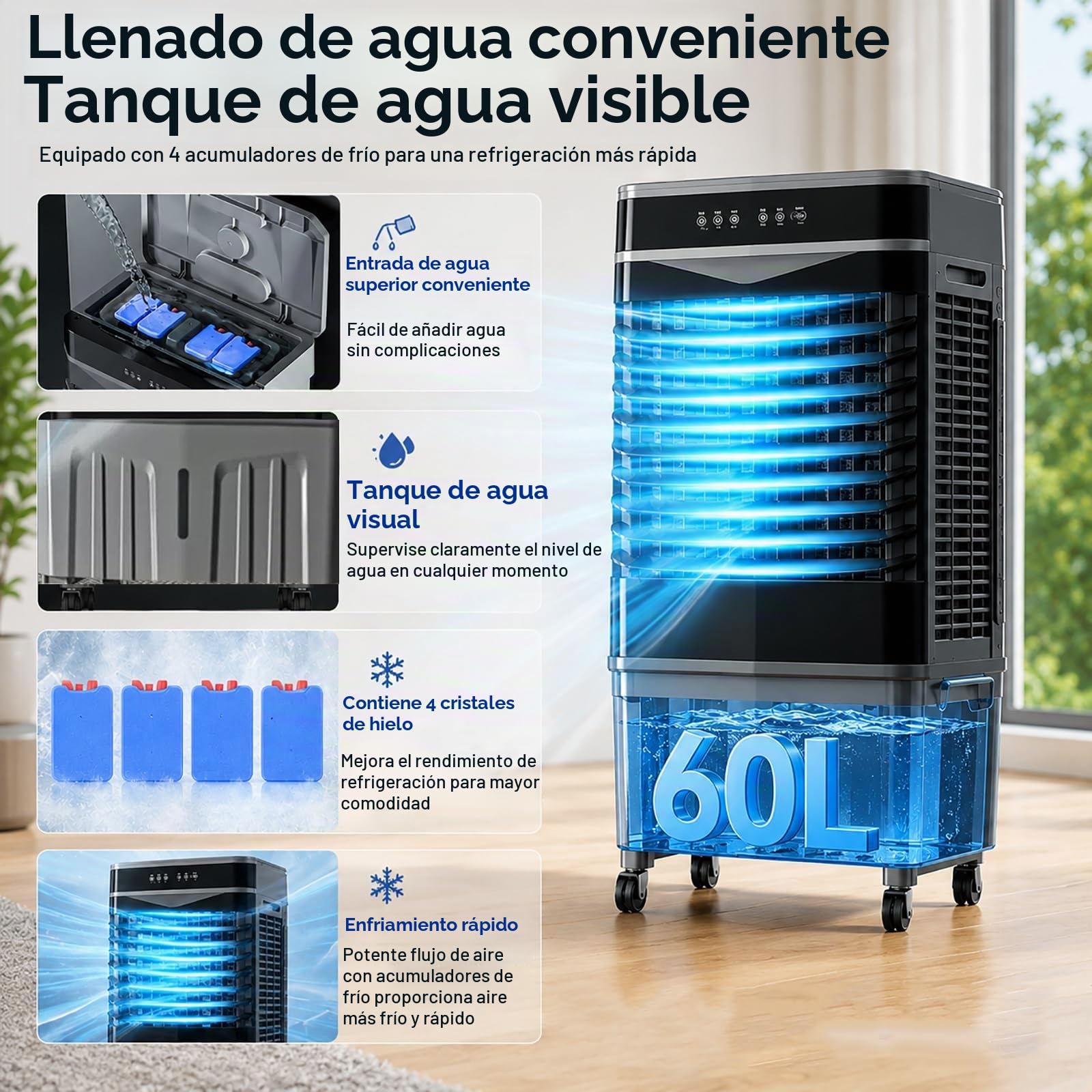Climatizador Evaporativo Industrial 5500 CFM, Aire Portatil Acondicionado con Depósito de Agua de 60 L, 4 Paquetes Hielo, Control Remoto y Temporizador 8 Horas, Apto para Uso Comercial