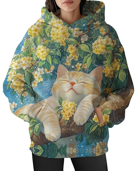 Womens Funny Cat Hoodies Oversized Graphic Hooded Sweatshirt for Women Fall Plus Si...