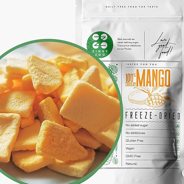 Freeze Dried Mango Chunks | 100% Pure Natural Freeze Dried Fruits | GF Raw Vegan | Mill for Mango Powder or Eat as Dry Mango Dried Snack | Fresh Fruit Taste | Pure Dried Mangoes ZingyZoo