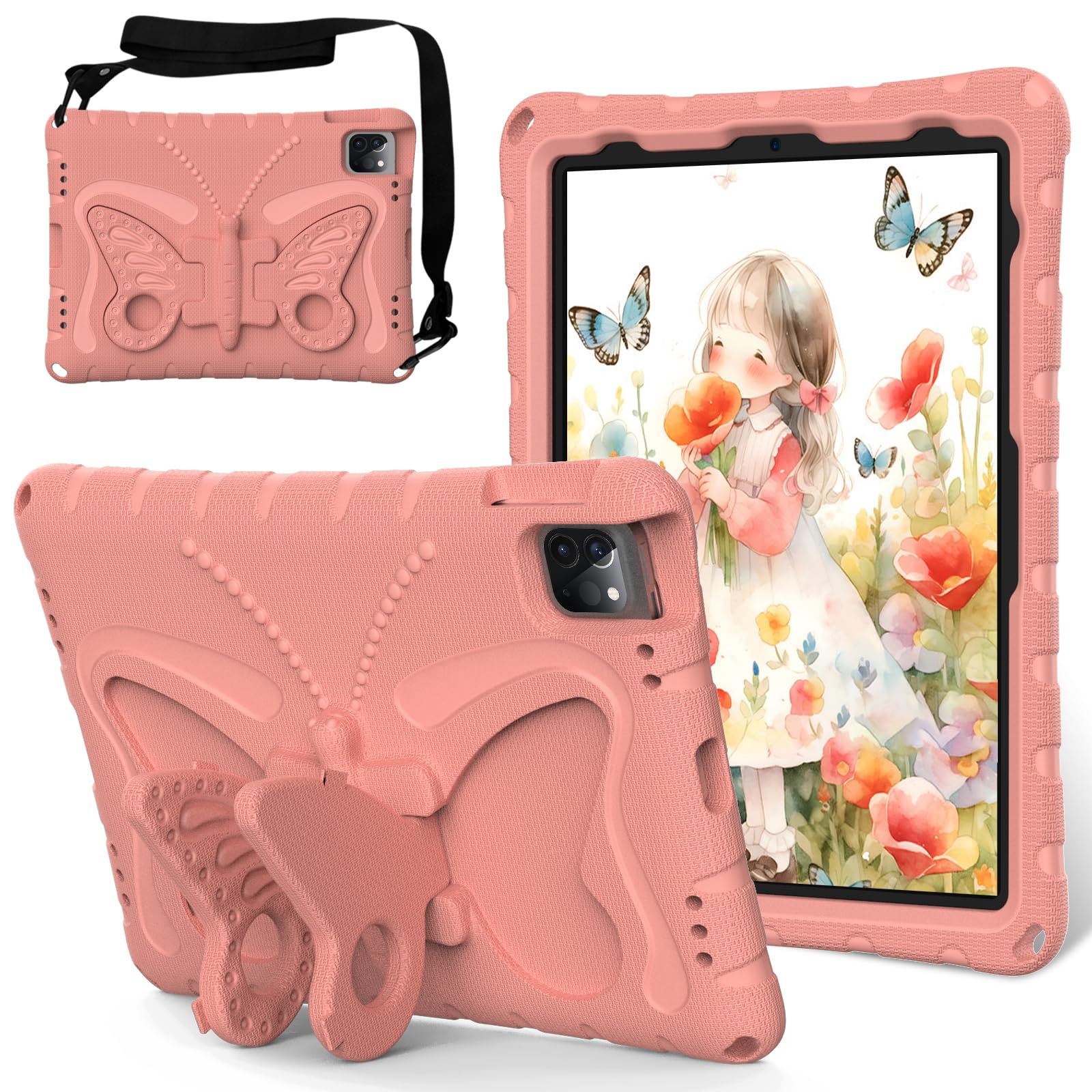 Custodia per bambini compatibile con iPad Air 11" (M3 2025 7th/M2 2024 6th), custodia leggera antiurto in schiuma EVA con tracolla e copertura di supporto per ragazzi e ragazze (rosa)