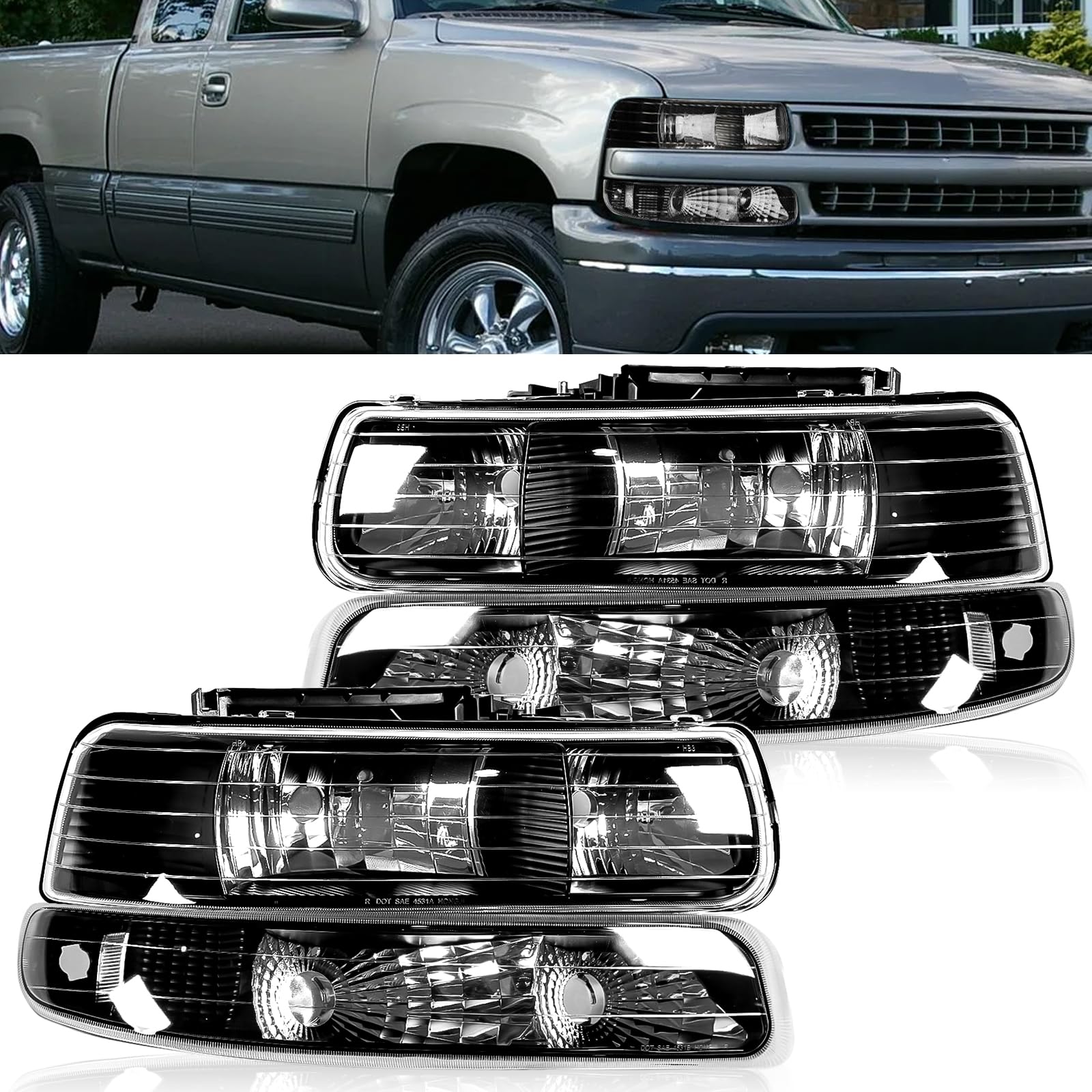 PARTREE Halogen Headlights Compatible with 1999-2002 Chevy Silverado 1500 2500/2000-2006 Chevy Suburban Tahoe Direct Replacement Black Headlamps Assembly GM2502187 (Driver and Passenger Side)