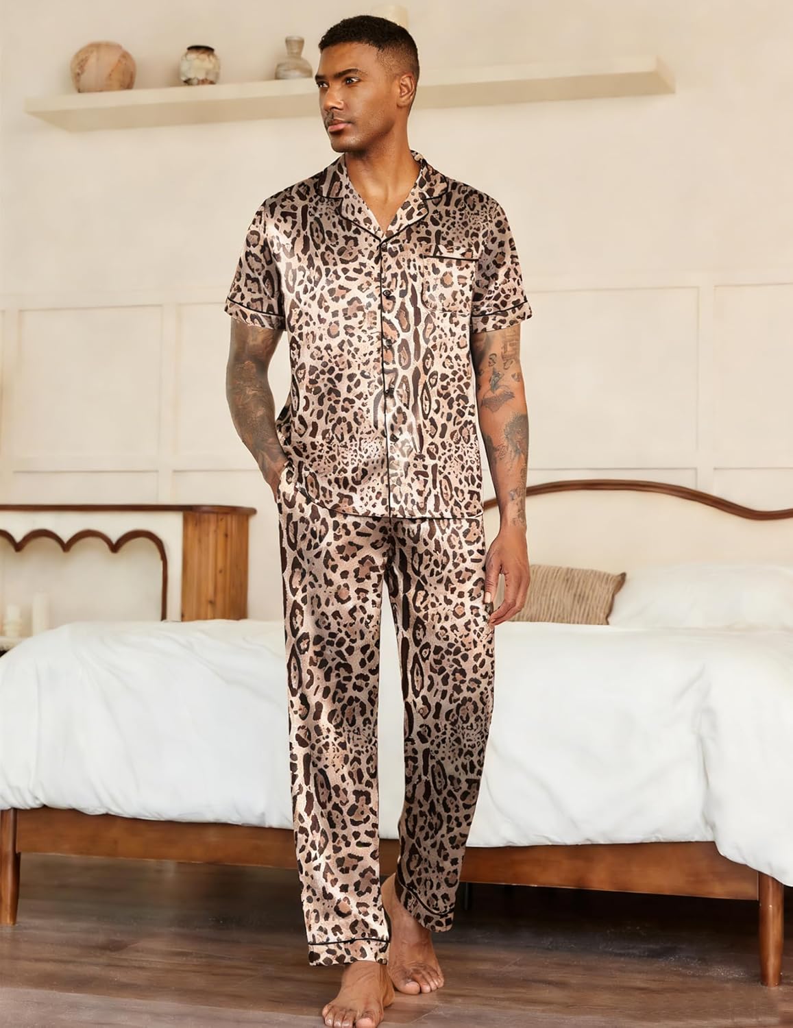 Ekouaer Mens Satin Pajama Set Short Sleeve Button Down Sleepwear Classic Loungewear Set with Long Pants - Image 3