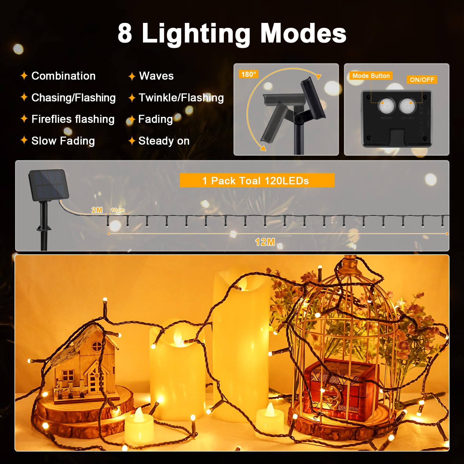 Gcstnn Solar String Lights Outdoor, 12M 120 LED Solar Powered Fairy Lights - Image 4