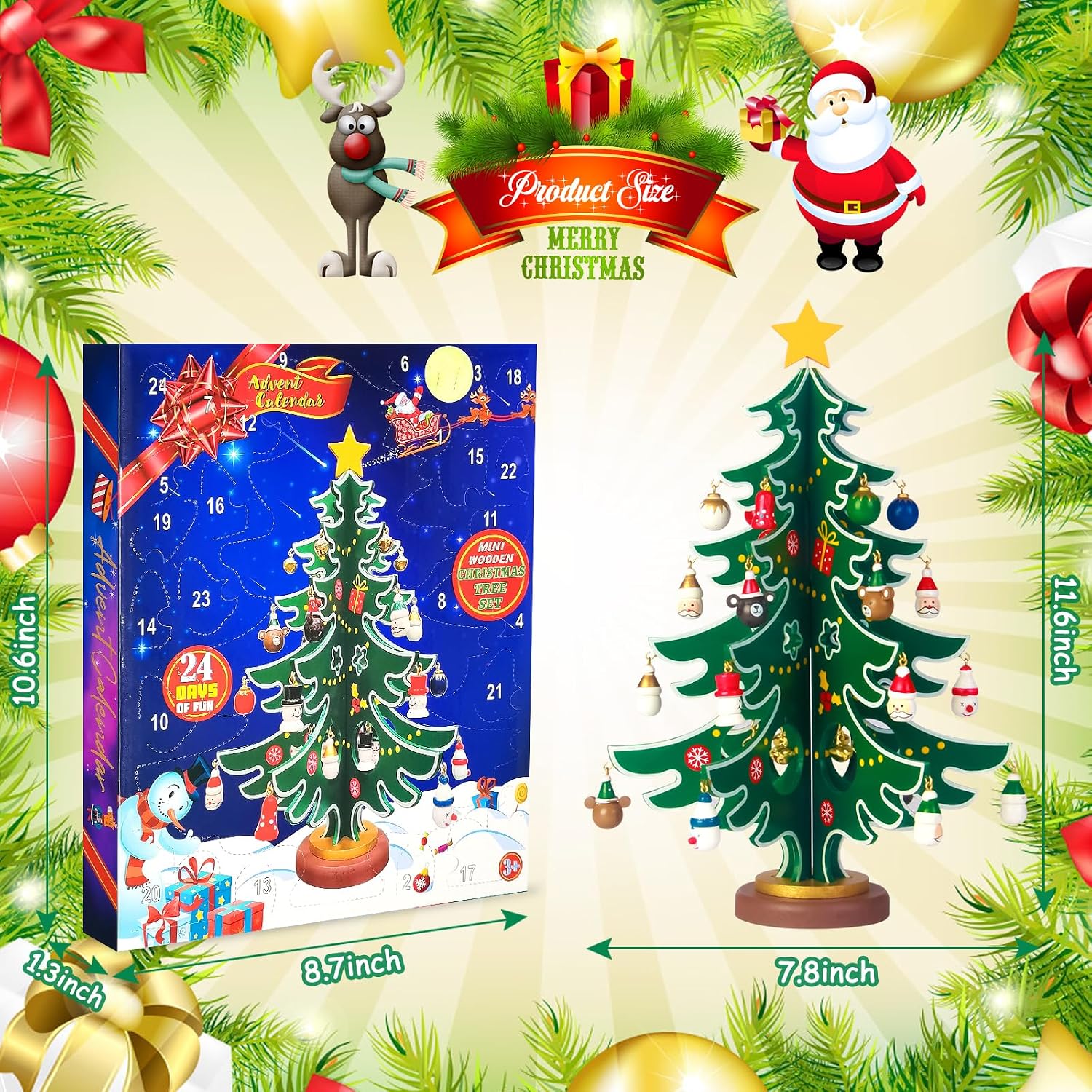 2025 Christmas Advent Calendar with a Desktop Wooden Christmas Tree and 30 Christmas Ornaments, Premium 24 Days Countdown Calendar for Boys, Girls, Kids Christmas Gifts, Xmas Party Supplies