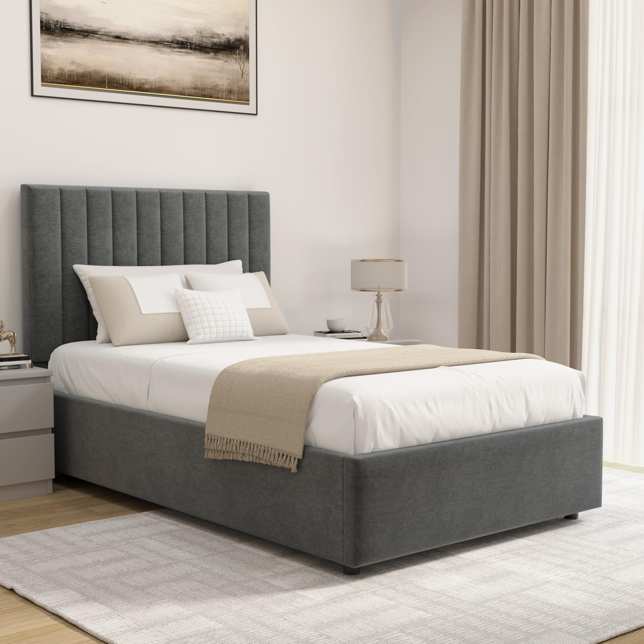 Upholstered Ottoman Bed Single Bed Frame UKFR Velvet Beige Ottoman Storage Bed with Gas Lift End Opening Wooden Slats with Storage Bed (3ft Single 90 x 190, No Mattress)