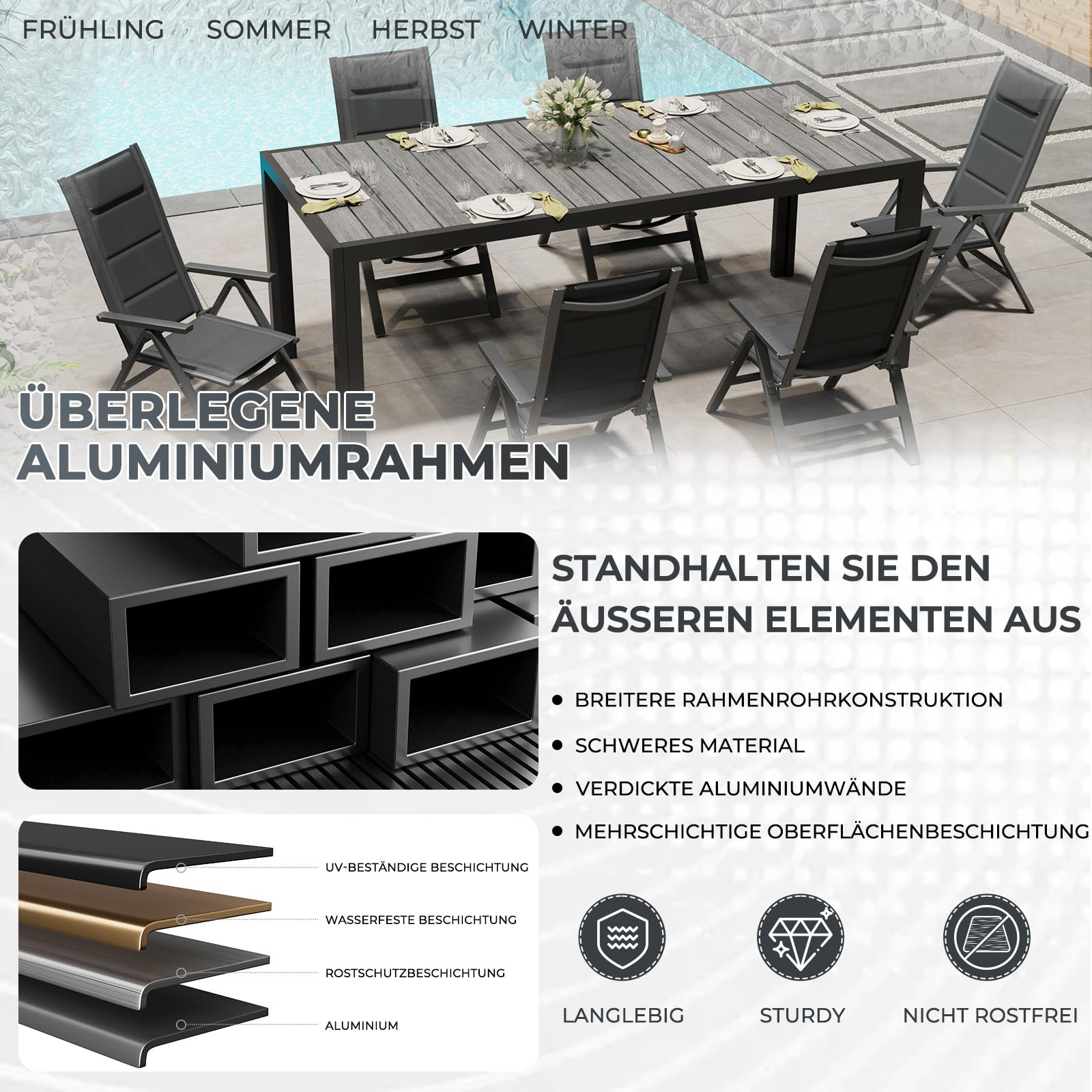 TRIUMPHKEY Aluminium Gartenmöbel 6+1, Gartenmöbel Set mit 1 189 cm PS Gartentisch und 6 klappstuhl, mit Verstellbarer Rückenlehne, Wetterfeste Terrassenmöbel, für Garten Terrasse Balkon, Dunkelgrau