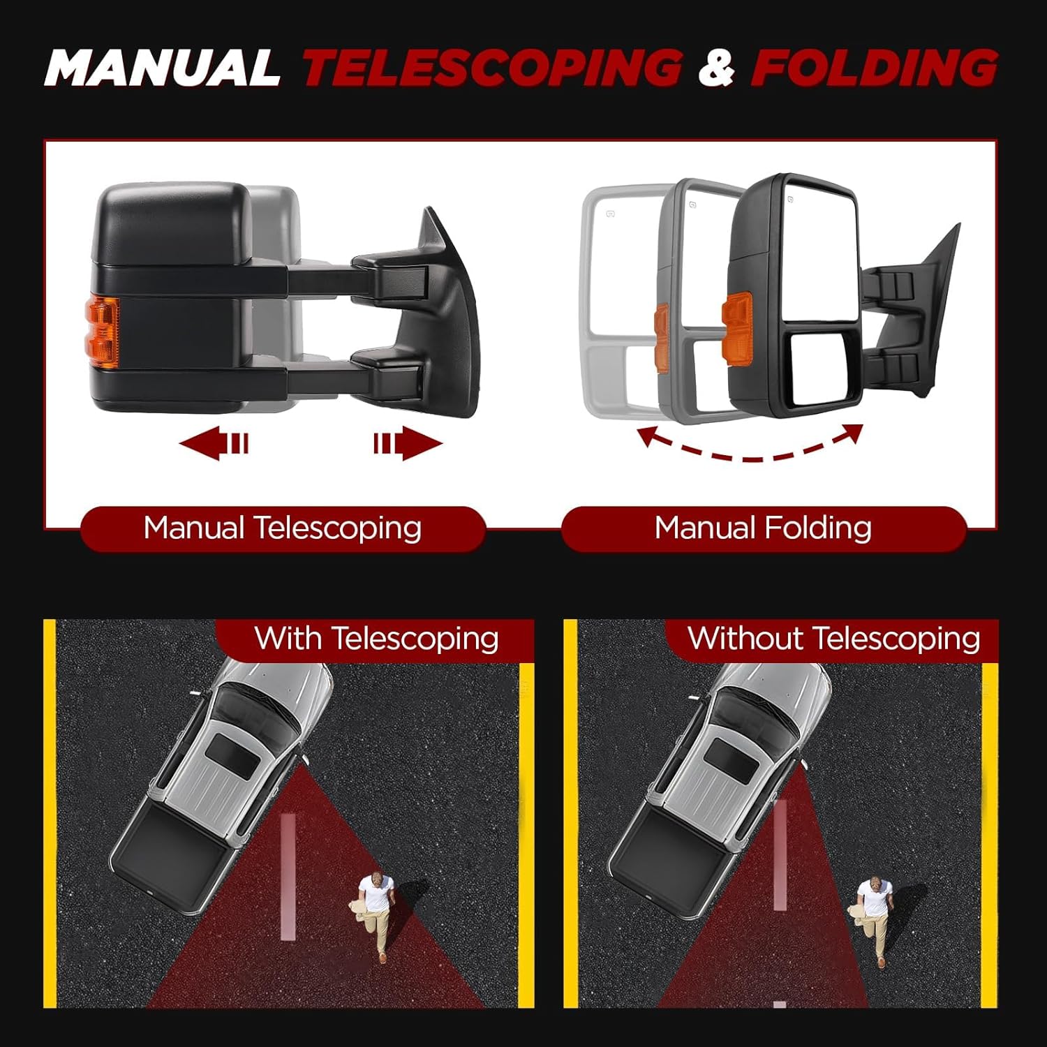 Power Heated Tow Mirrors Compatible with 2008-2016 Ford F250 F350 F450 F550 Super Duty, Power Glass Manual Telescoping Folding Towing Mirrors with Amber Signal Light