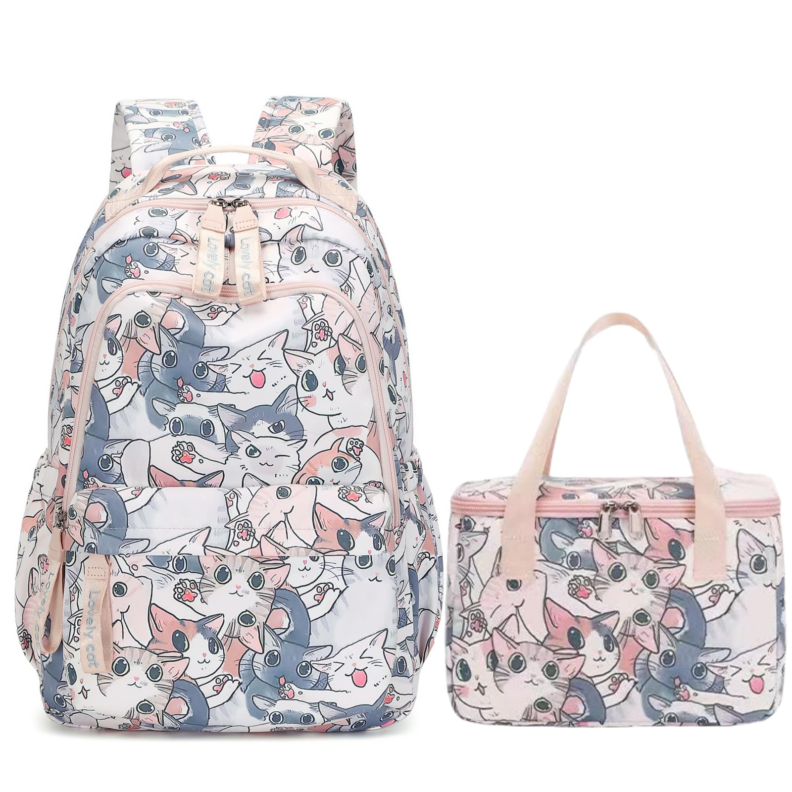 Mfikaryi 2Pcs Backpacks for Girls Cute Cat Backpack Sets for School Middle School Girls Bookbag with Lunch Box-L
