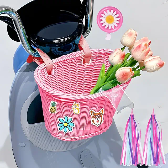 POWZOO Removable Rattan Bicycle Basket for Kids with Bell, Streamers & Stickers