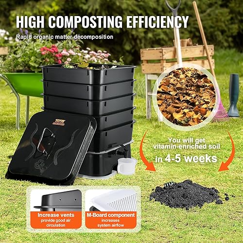 Miniatura 8 de VEVOR Compostador de gusanos de 5 bandejas, contenedor de compost de gusano de 50 L para exteriores e interiores, kit de granja de gusanos de diseño