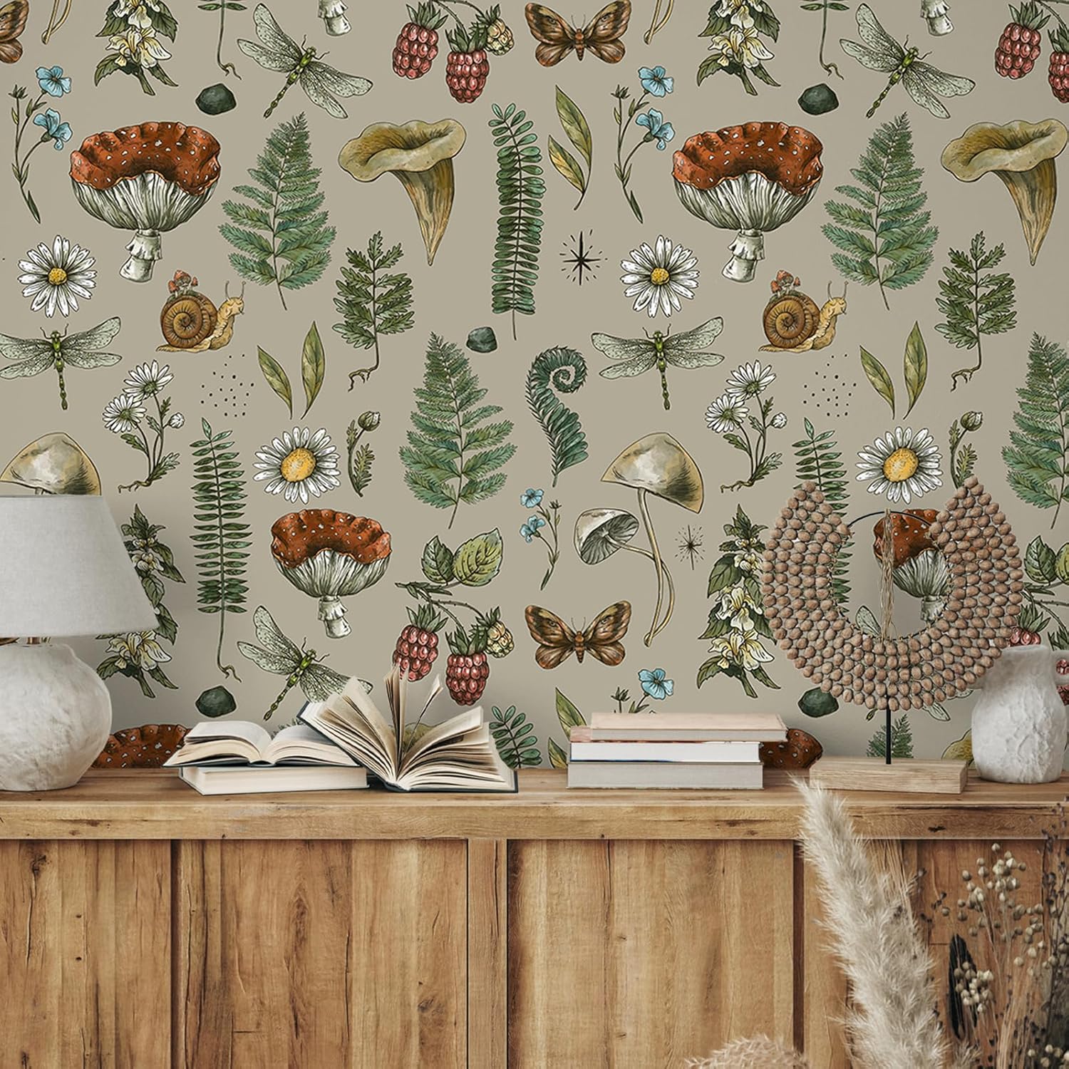 VEELIKE Brown Woodland Mushroom Wallpaper Peel and Stick Vintage Fern Forest Wallpaper for Kids Bedroom Nursery 17.7''x118'' Removable Botanical Wall Paper Floral Contact Paper for Walls Cabinets