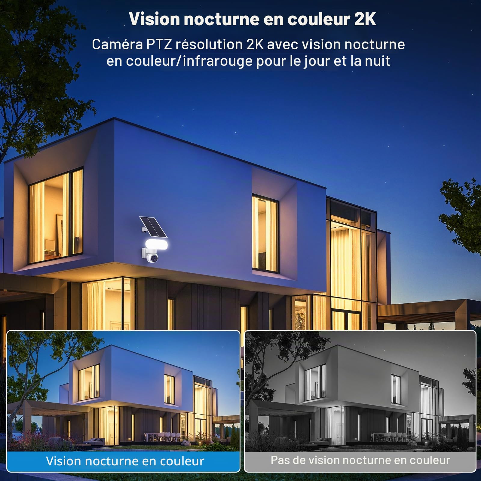Cadrim 2K Camera Surveillance WiFi Exterieure sans Fil Solaire avec MicroSD 64 Go, 2.4GHz Camera Exterieur avec Panneau Solaire,360° PTZ,Vision Nocturne Couleur, Audio Bidirectionnel, PIR Sirène, IP65