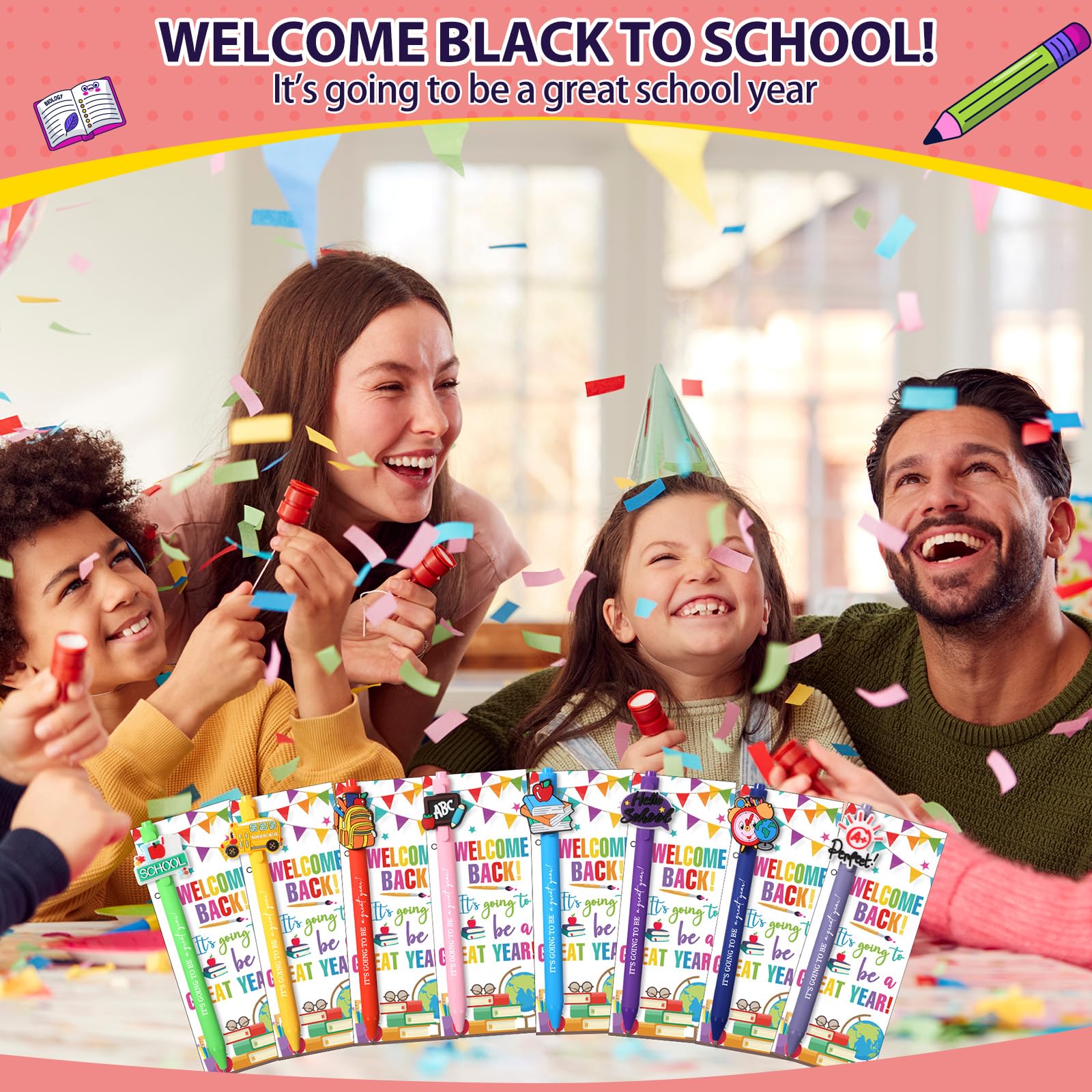 MotiMind 100 Sets Schulanfangsgeschenke, Großpackung zum Schulanfang, Schreibwaren, Geschenke enthalten niedliche Kugelschreiber, inspirierende Grußkarten für Lehrer, Studenten, Klassenzimmer
