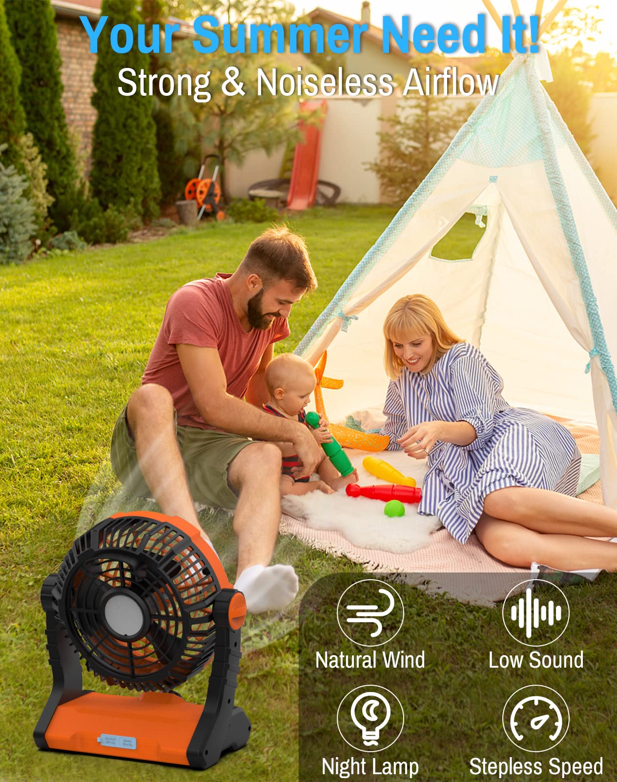 ErayLife Ventilatore da Campeggio Ricaricabile Con Batteria da 8400 mAh, Luce LED Portatile, Ventilatore USB, Rotazione di 270°, Veloce, Adatto per Tenda, Viaggi, Lavoro, Pesca, Uragano, Outdoor