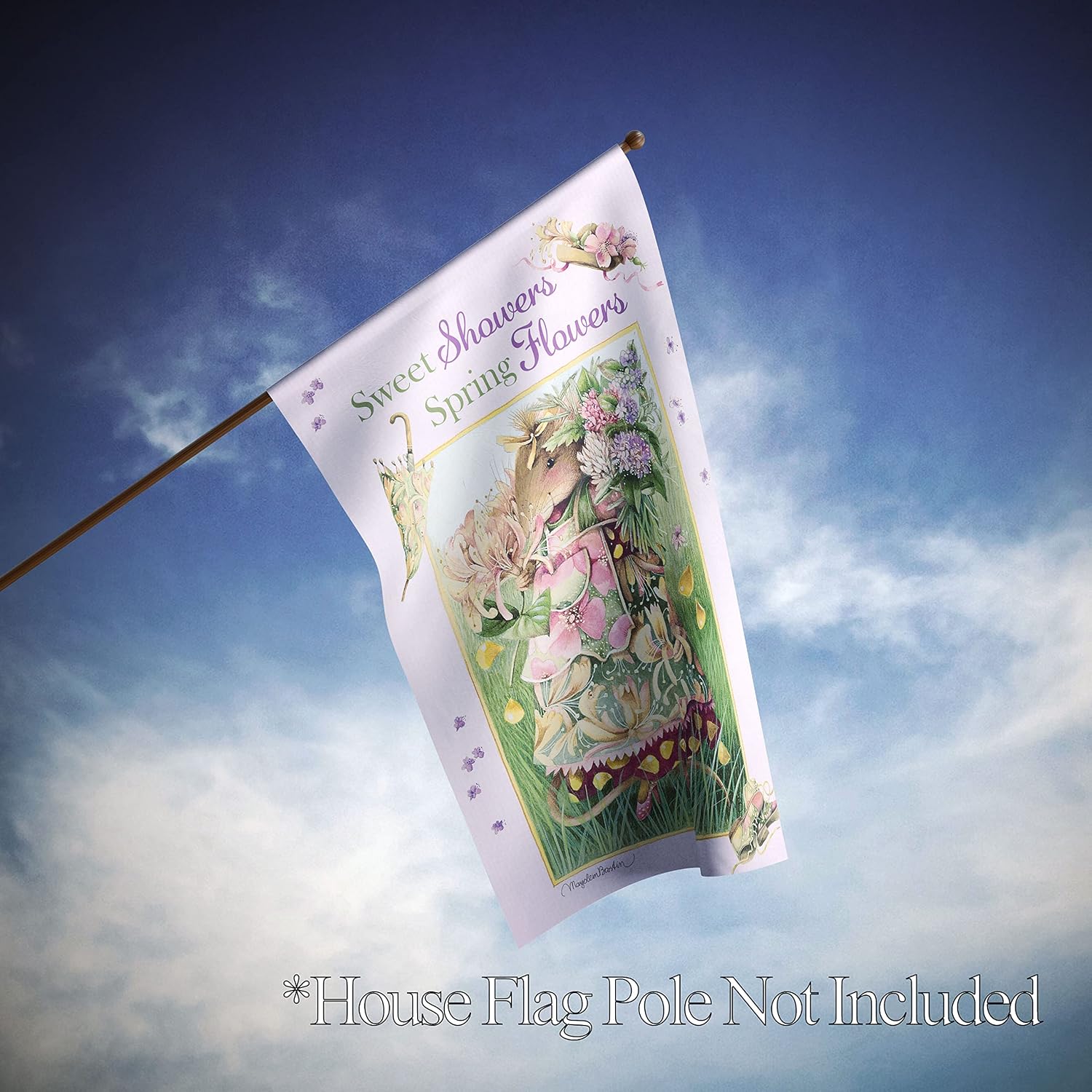 Flagology.com, Marjolein Bastin Sweet Showers Spring Flowers Vera the Mouse – House Flag 28" x 40", Outdoor Flag, Exclusive Premium Fabric, Spring