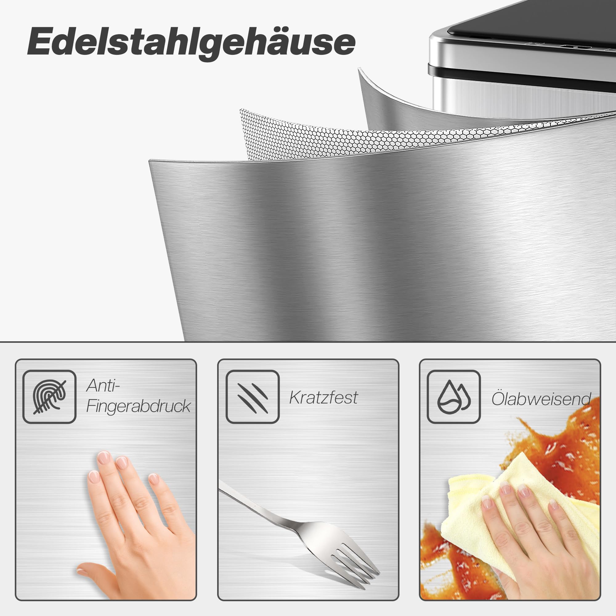 HOMCOM Sensor Mülleimer 40L Edelstahl Automatischer Mülleimer Silber | Soft-Close-Deckel, Bewegungssensor, Fingerabdrucksicherer Abfalleimer, Müllbehälter, für Büro Schlafzimmer Küchen
