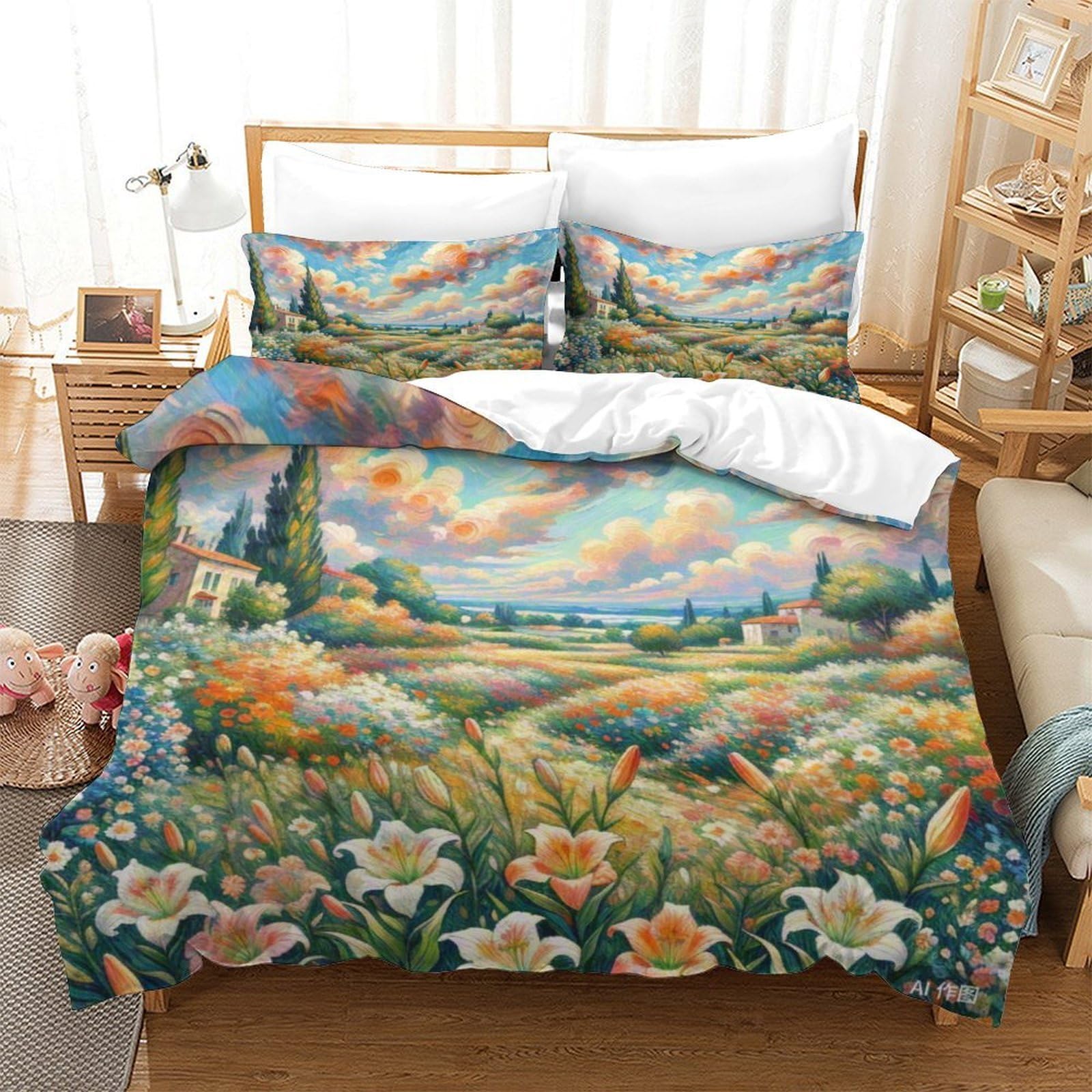 Housse de couette fleur de ballon anti-glisse avec zip caché