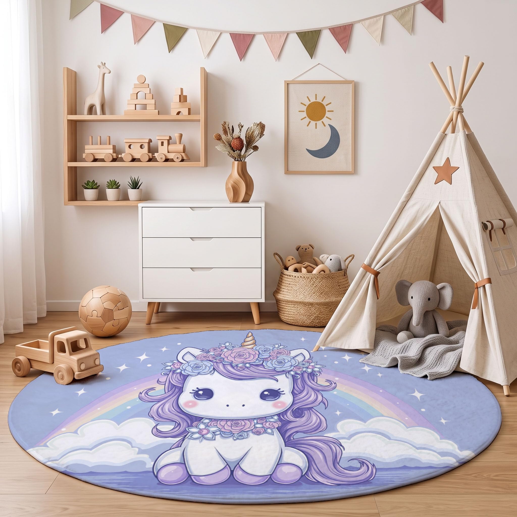 Alfombra Salon Redonda Cuento Hadas Ensueño 160cm - Tapetes de Pelo Corto Suave Arcoíris Caballo Blanco Alfombras de área Antideslizantes y Lavables para Dormitorio y Comedor, Morado Claro