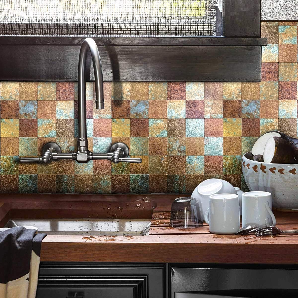 HomeyMosaic 10-Sheets Peel and Stick Backsplash Tile for Kitchen Aluminum 3D Wall Sticker Retro Bronze Square : Home & Kitchen