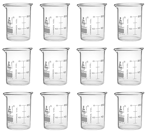 EISCO Vasos de precipitados de 12 unidades, 0.7 onzas líquidas, ASTM - Forma baja con boquilla - Doble escala, graduaciones blancas - Vidrio de