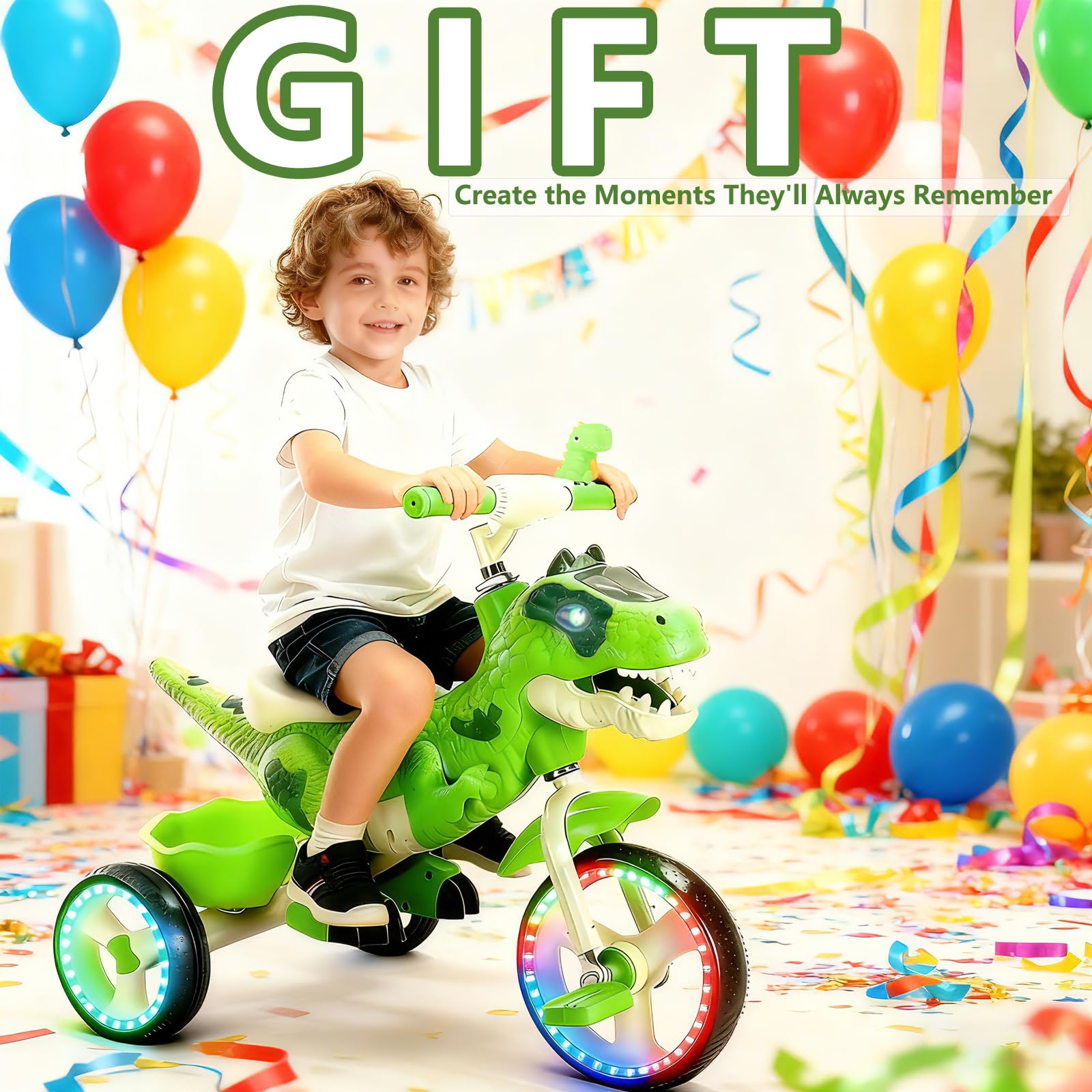 NMM Triciclo Dinosauro Con Clacson e Cesto Portaoggetti, Triciclo Bambini 2, 3, 4, 5, 6 Anni, Con Musica e Luci, Regali di Compleanno e Natale Adatti a Bambini e Bambine - Verde