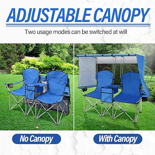 Miniatura 3 de PLKO Silla de camping doble portátil con pantalla de toldo, sillas de playa resistentes para adultos, silla de playa plegable con bolsa enfriadora
