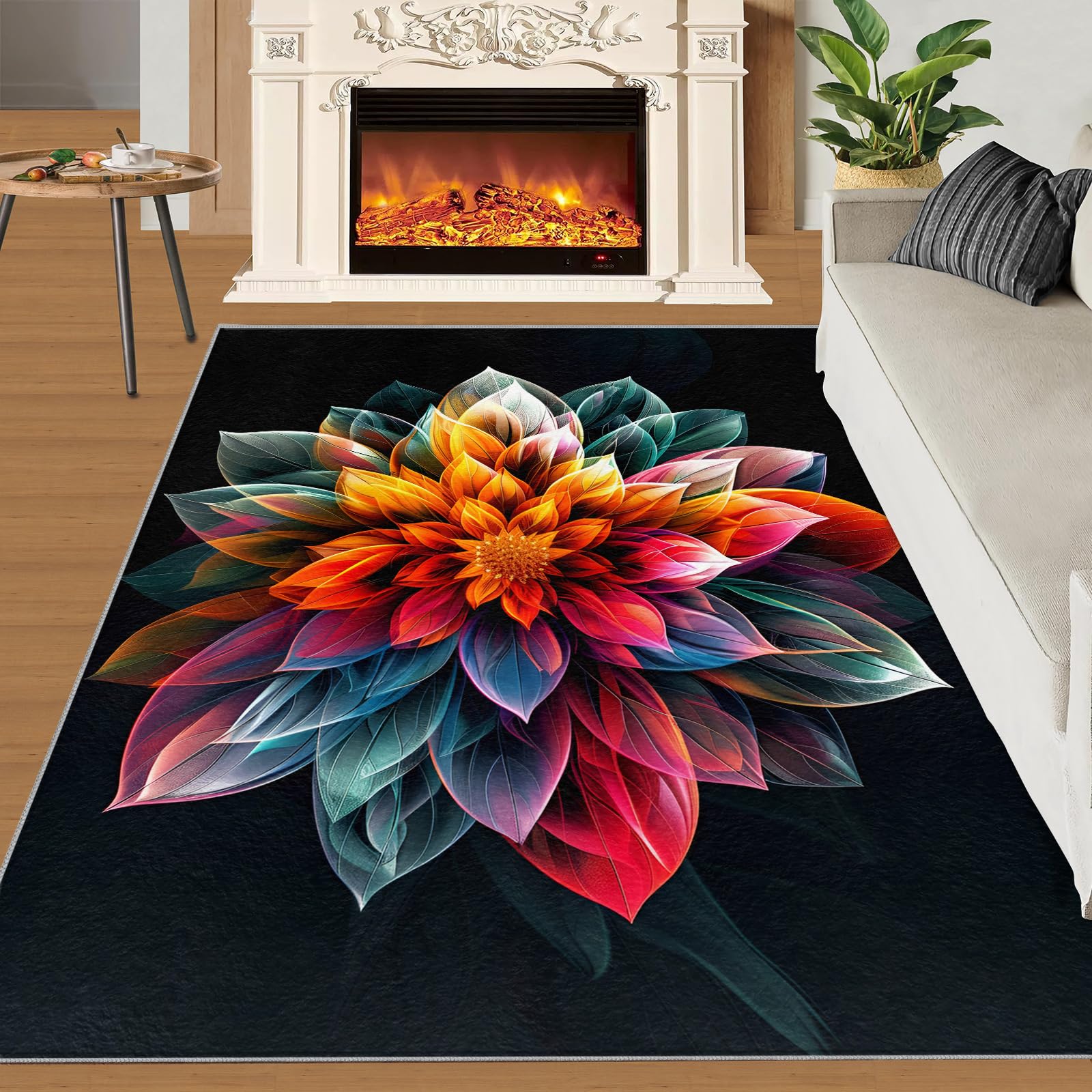 SANSJI Boho Floral Rugs for Girls Bedroom 170x240 cm, Non-Slip Washable Colorful Flowers Design Area Rug for Women, Soft Low-Pile Botanical Carpet, Abstract Mandala Style