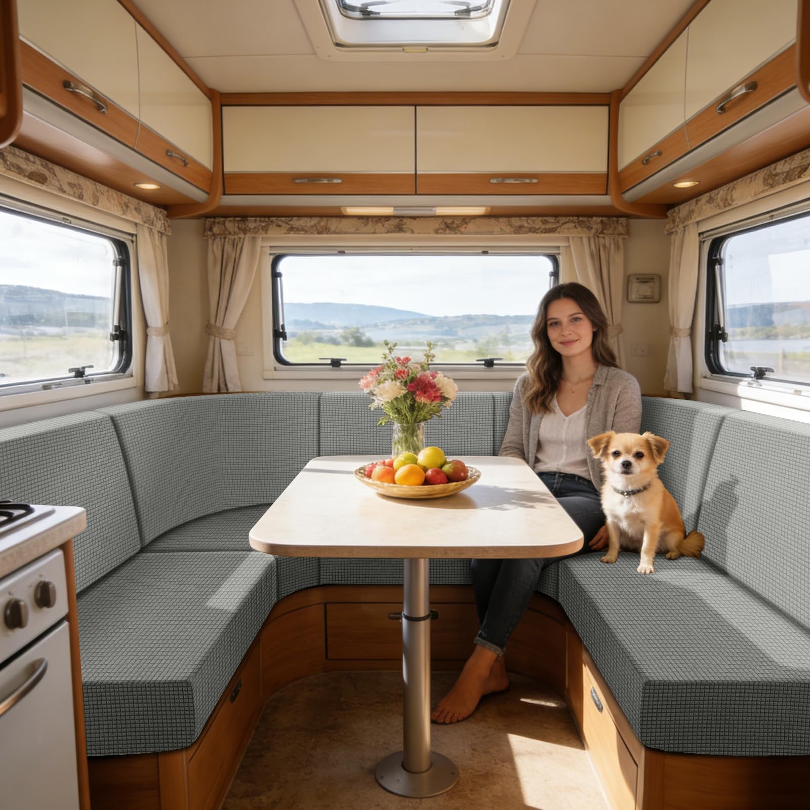 SYLC Caravan Seat Cover Stretch Jacquard, Non-slip RV Dinette Cushion Covers with 2 Straps, Couch Cushion Covers for Camper Sofa Bench (Light grey,W 70-95 cm, D 40-65 cm)