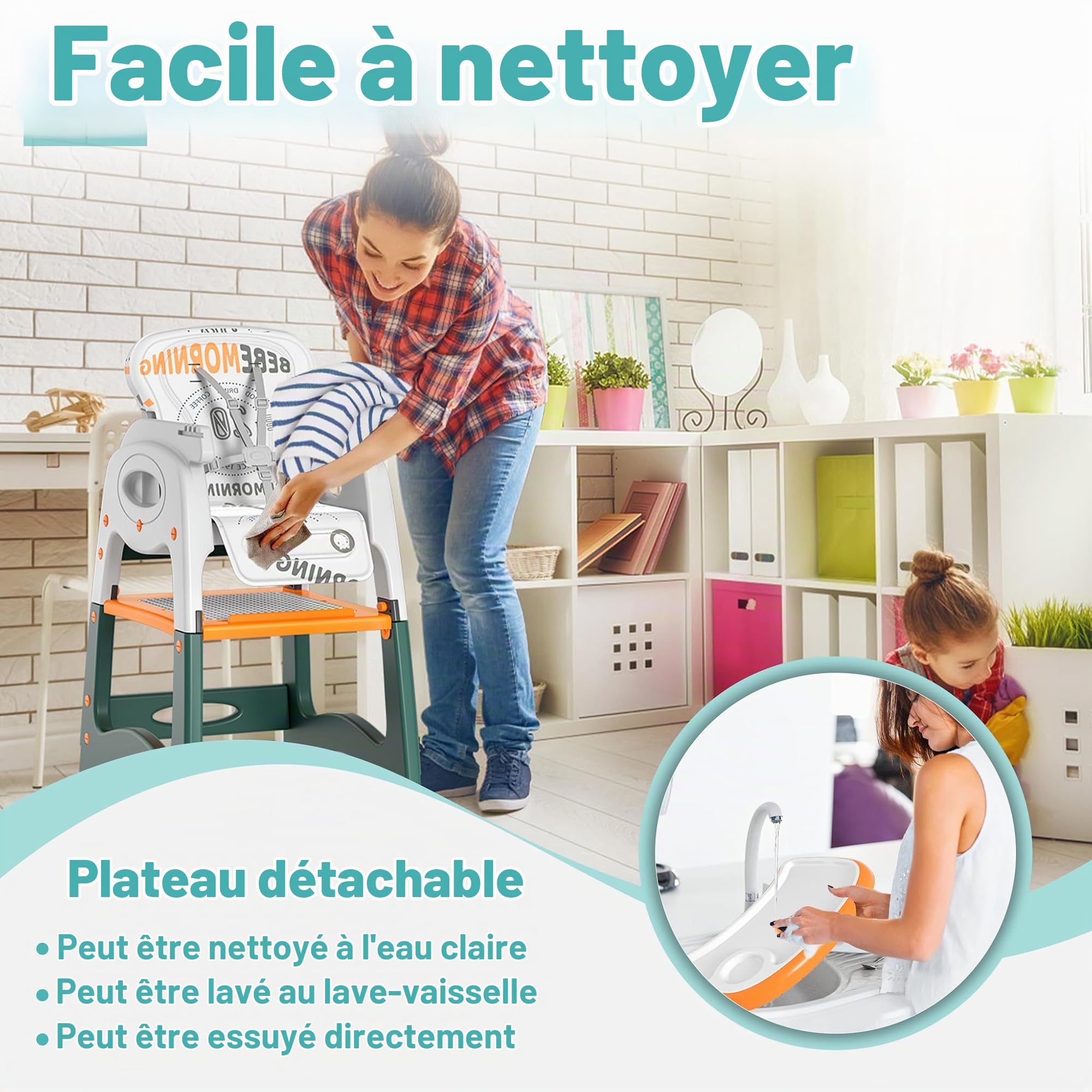 XMTECH Chaise haute pour bébé 6 en 1 pour bébés et tout-petits avec ceinture de sécurité, à partir de 6 mois, chaise de salle à manger, dossier réglable, table d'apprentissage, table et chaises, table
