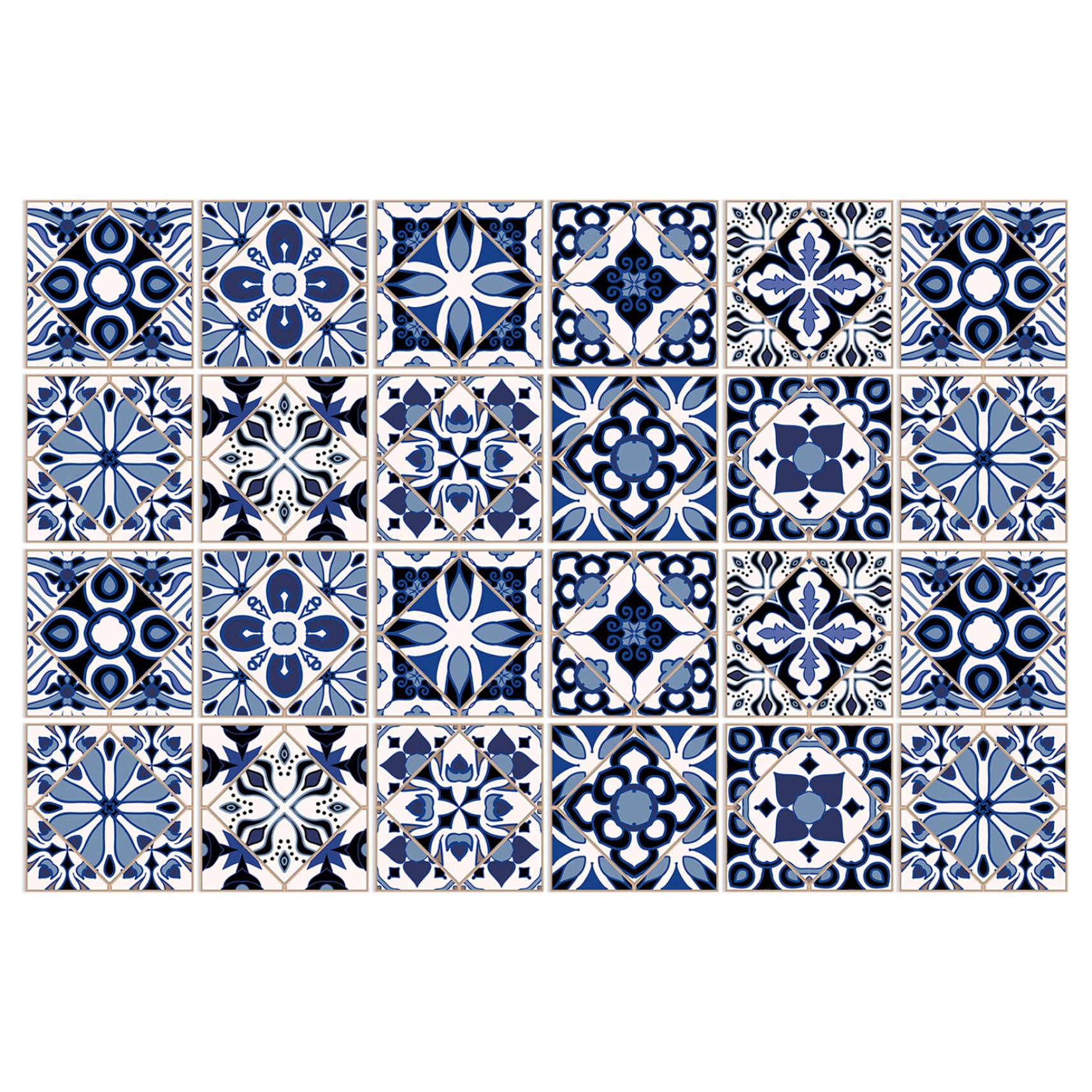 CAKEEYUM 24Pcs Peel and Stick Tile Blue Moroccan Style Tile Stickers Self Adhesive Sticker Waterproof PVC Reusable Peel and Stick Backsplash for Kitchen Bathroom Home, 4x4 Stickers an
