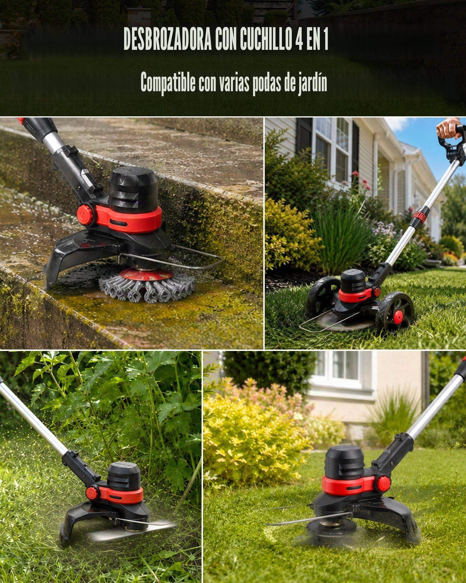 Desbrozadora para Makita 18 V batería (sin batería), sin escobillas, recortadora de bordes con cuchillo y cepillo para malas hierbas 4 en 1, desbrozadora con ruedas (30 cm de ancho de corte, 160 cm