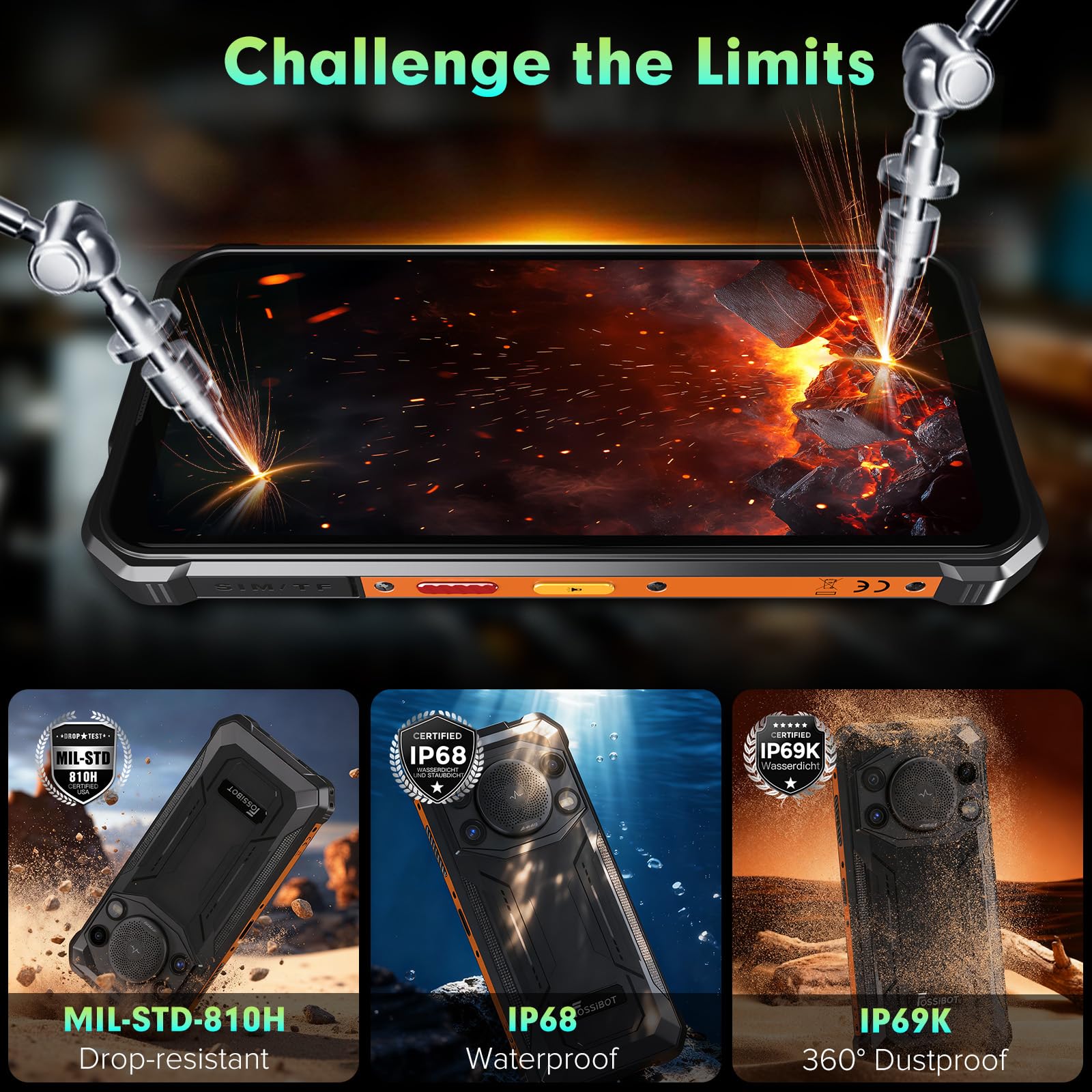 FOSSiBOT F110L Smartphone Rugged 10000mAh, Altoparlante 128dB Telefono indistruttibile, Android 15 12GB+128GB/2TB, Display 6.745” 50MP AI Dual Camera, IP68/69K 4G SIM(2026)