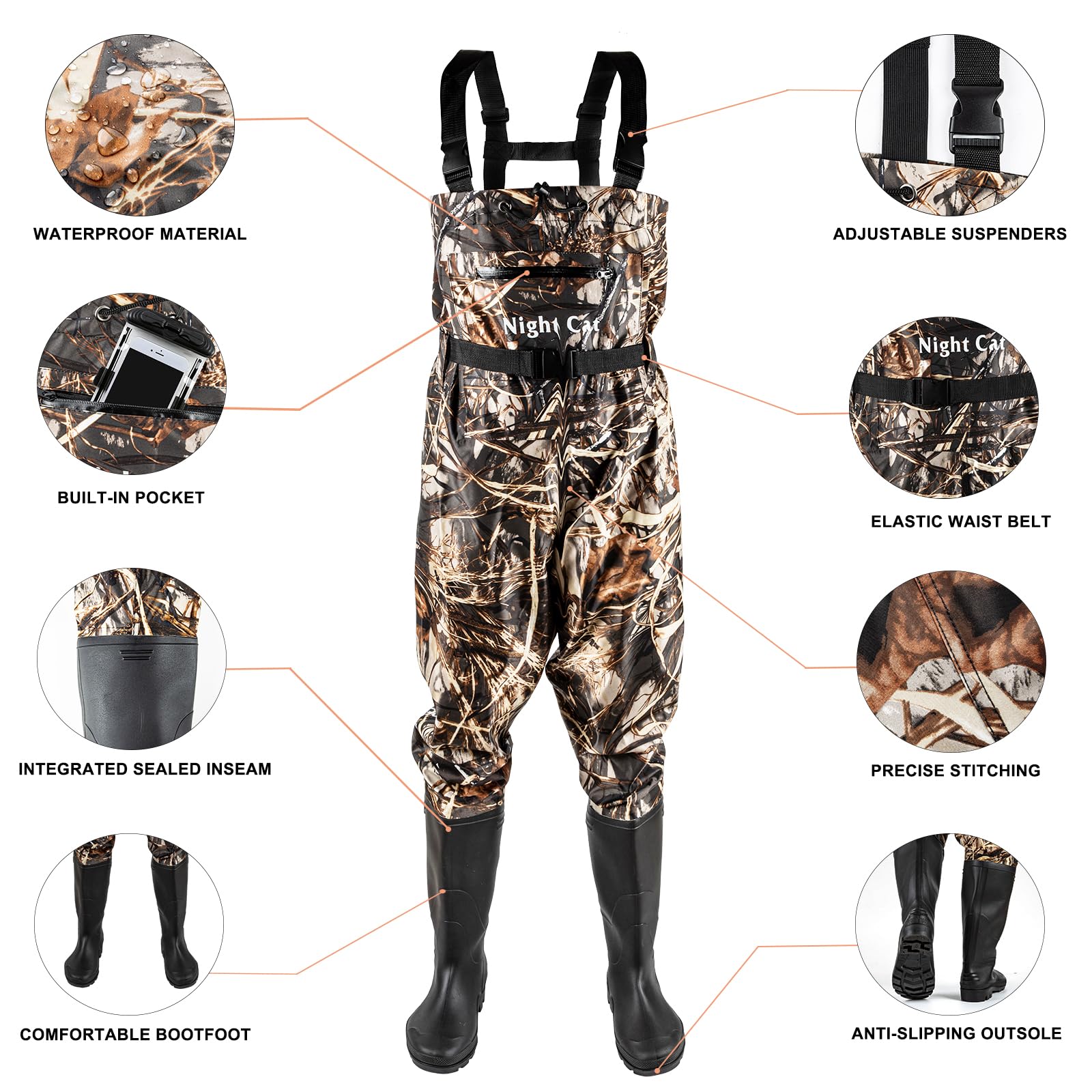 Notte Gatto Pesca Trampoliere Camoflage per Uomini Donne Impermeabile Caccia Petto Wader con Cintura Bootfoot Traspirante Leggero Taglia 6 a 14