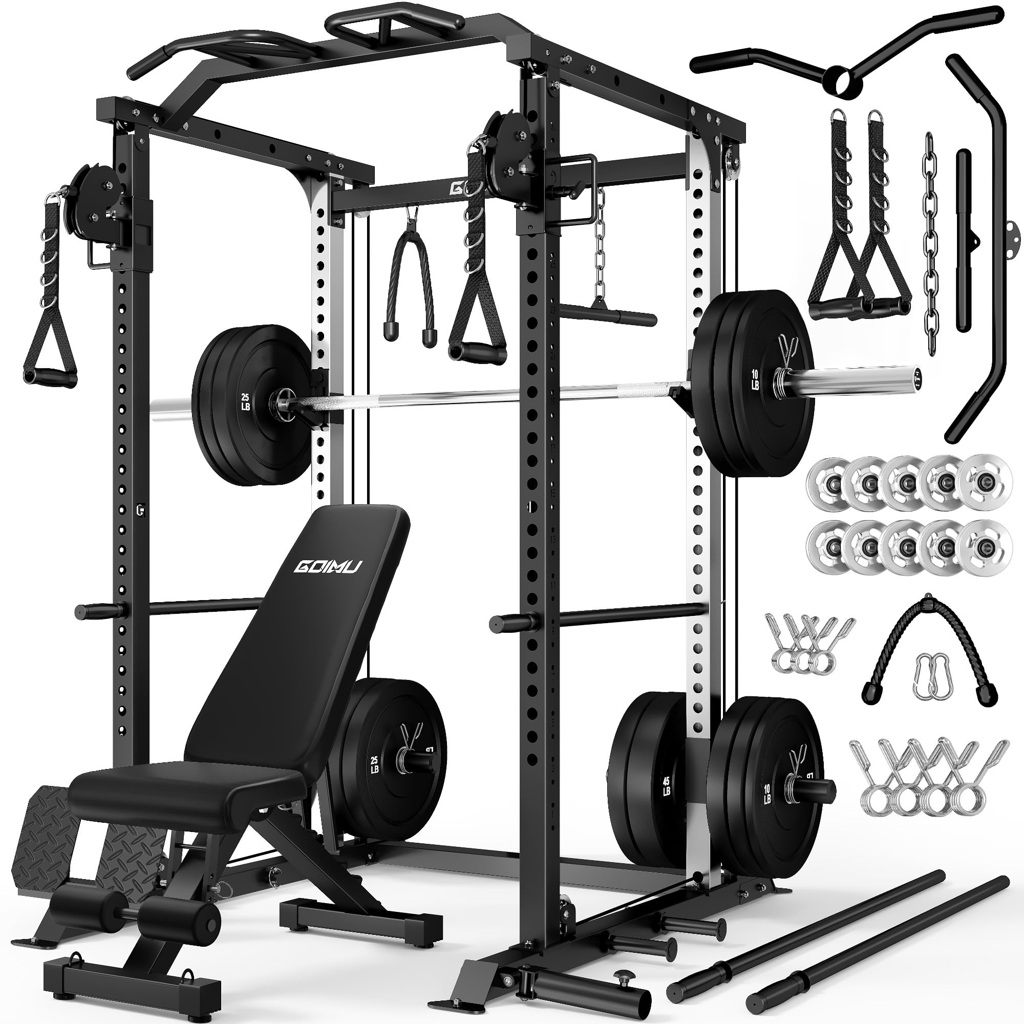DP01 Power Cage, 2000LBS Squat Rack with Cable Crossover and Dual Independent Pulley System, Full Cage for Full Body Training, Power Rack with More Training Attachments for Home Gym