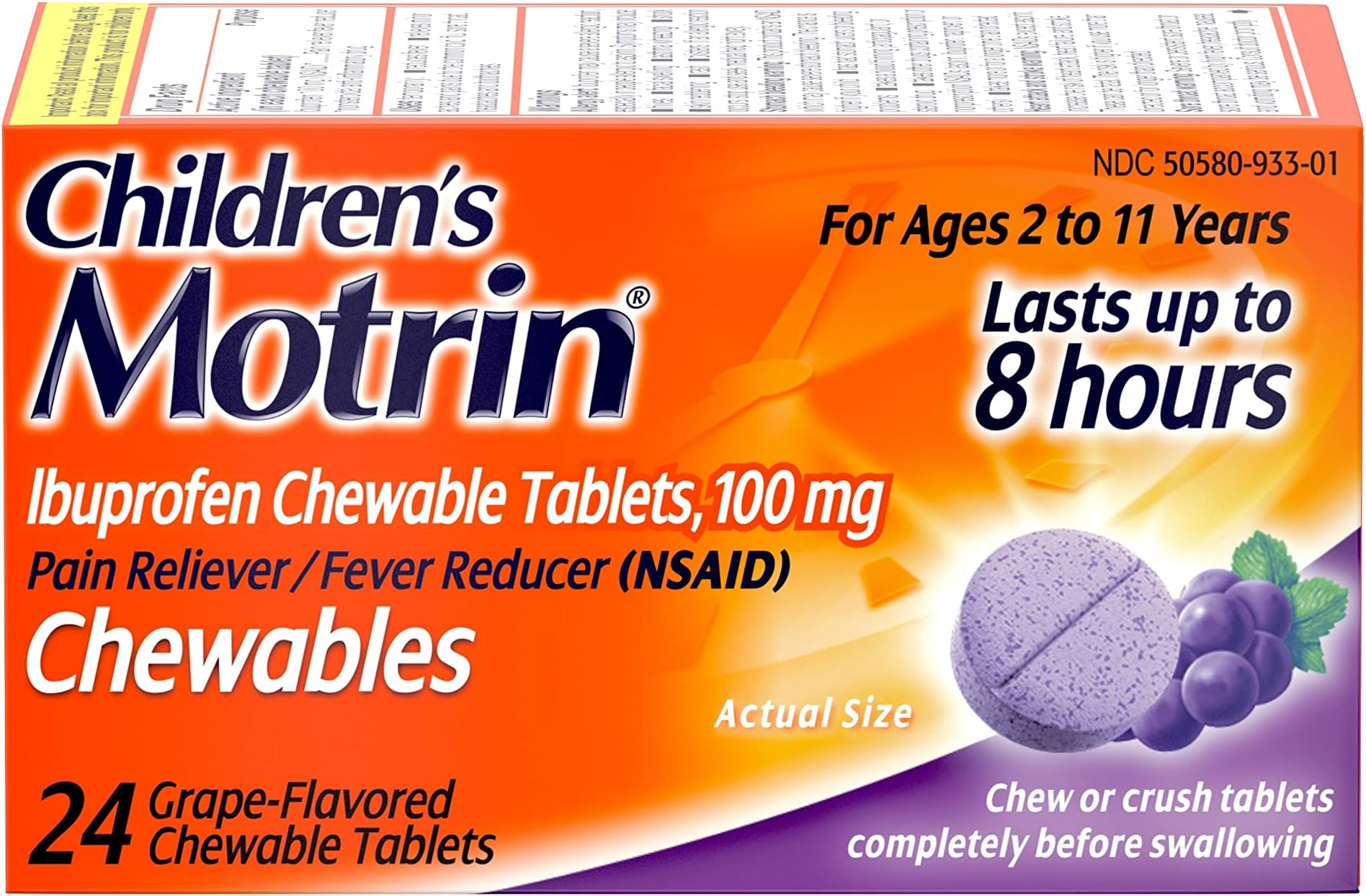 Motrin Children's Chewable Tablets with 100 mg Ibuprofen for Pain & Fever, Grape, 24 Count (Pack of 1)