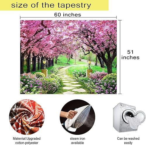 Miniatura 7 de MEETSIOY Tapiz de parque de primavera de 60 x 51 pulgadas, tapiz de camino de bosque, árbol de flor de cerezo, tapiz de flores rosas para sala de