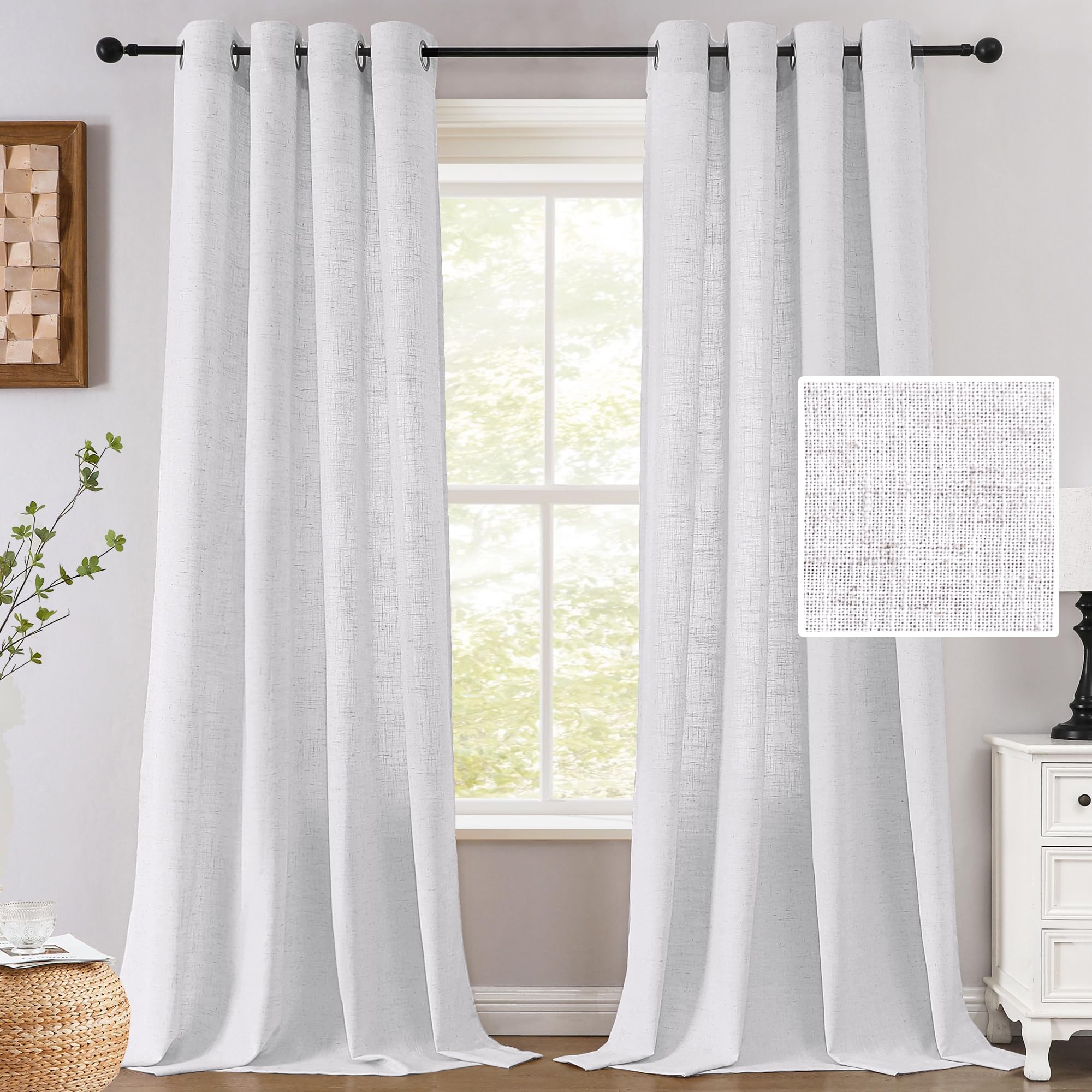 H.VERSAILTEX Linen Curtains 84 Inch Length for Living Room 2 Panel Set Neutral Modern Farmhouse Window Privacy Linen Fabric Drapes for Farmhouse Window Treatment Curtains, 52 x 84 - Natural White