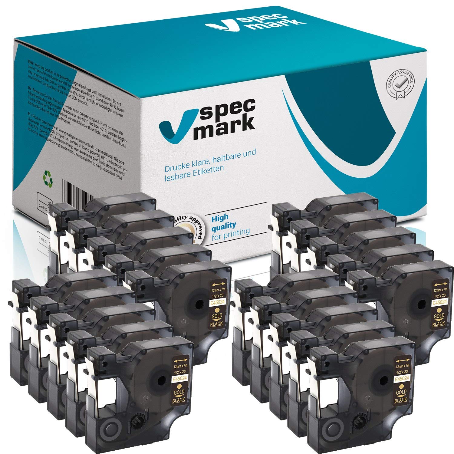 specmark - Etiquetas adhesivas para impresora DYMO D1 (12 mm, 1/2/3/4/5/10/20 unidades), color Cinta con texto en blanco y negro. 20 Stücke