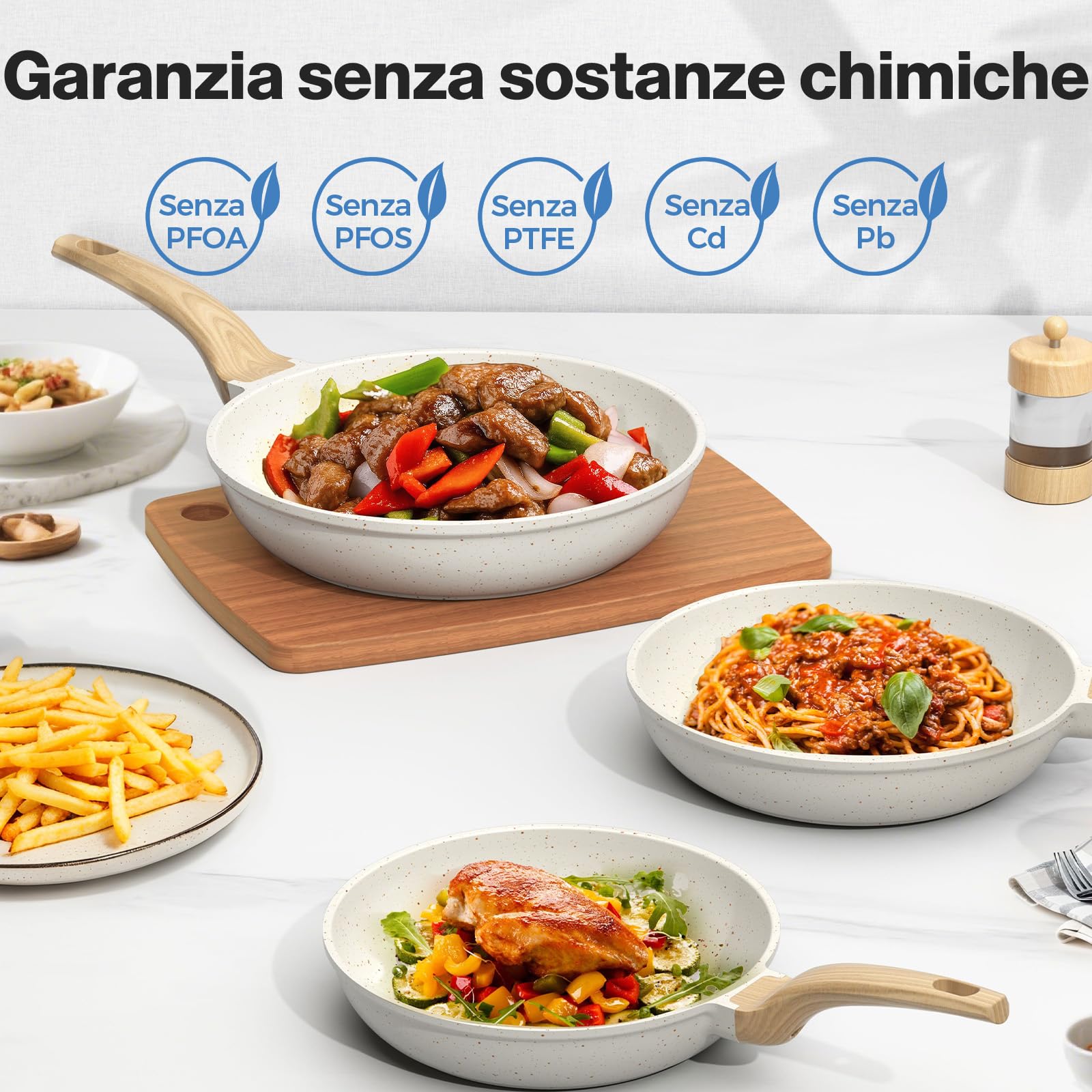 YASHE Set di 3 padelle antiaderenti da 20/24/28 cm con rivestimento in granito, adatte per induzione, leggere, durevoli e sane, per cucina quotidiana