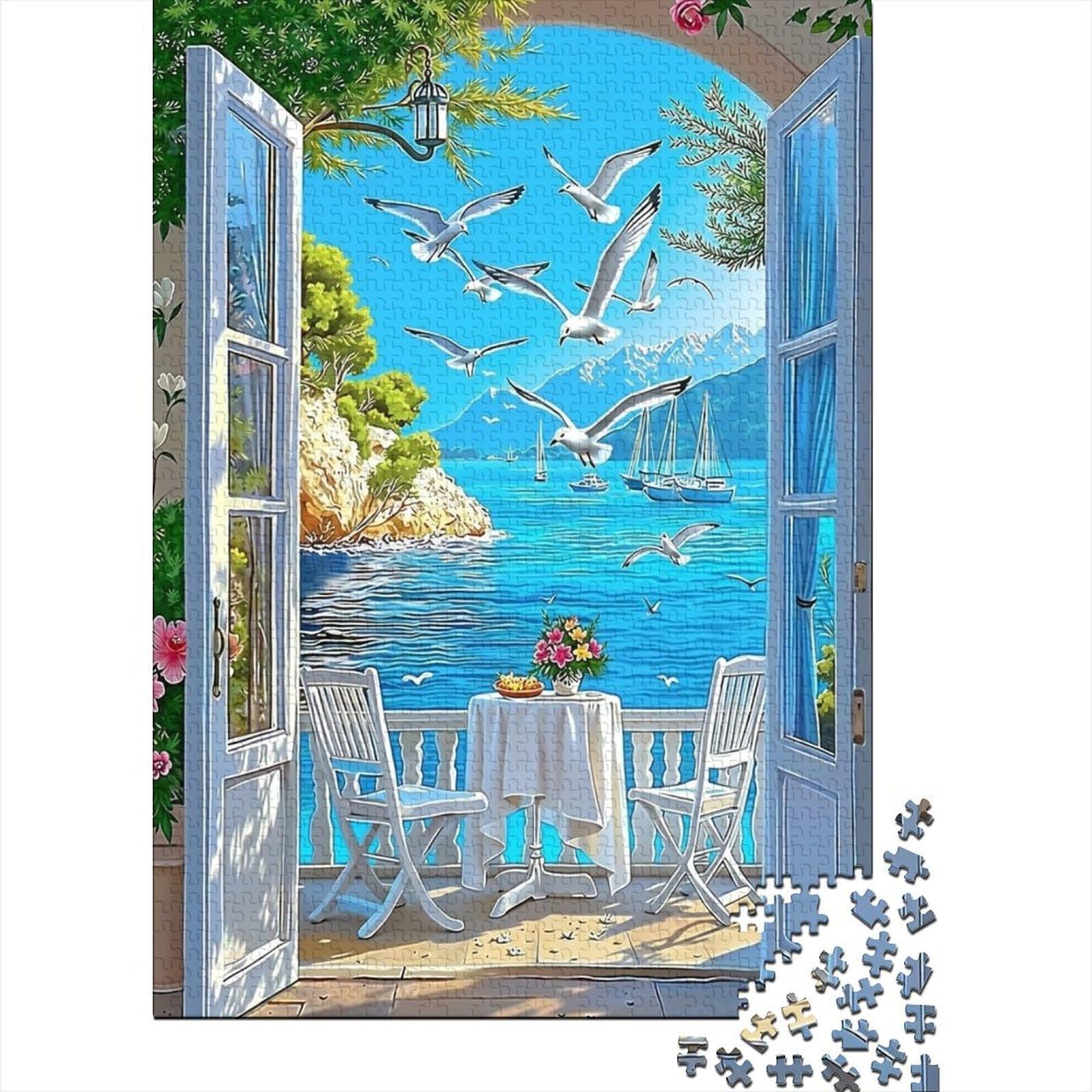mediterranean balcony view 1000 piece jigsaw puzzle paperboard for adults coastal scenery relaxing wall art decor