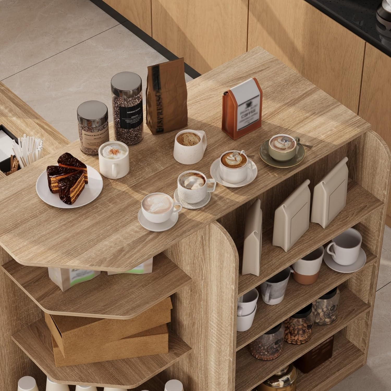FAMAPY 70.9" L-Shape Reception Desk with Open Display Shelving, 2 Drawers & Cabinets, Modern Reception Counter for Shop Oak 70.9”W x 47.2”D x 39.4”H