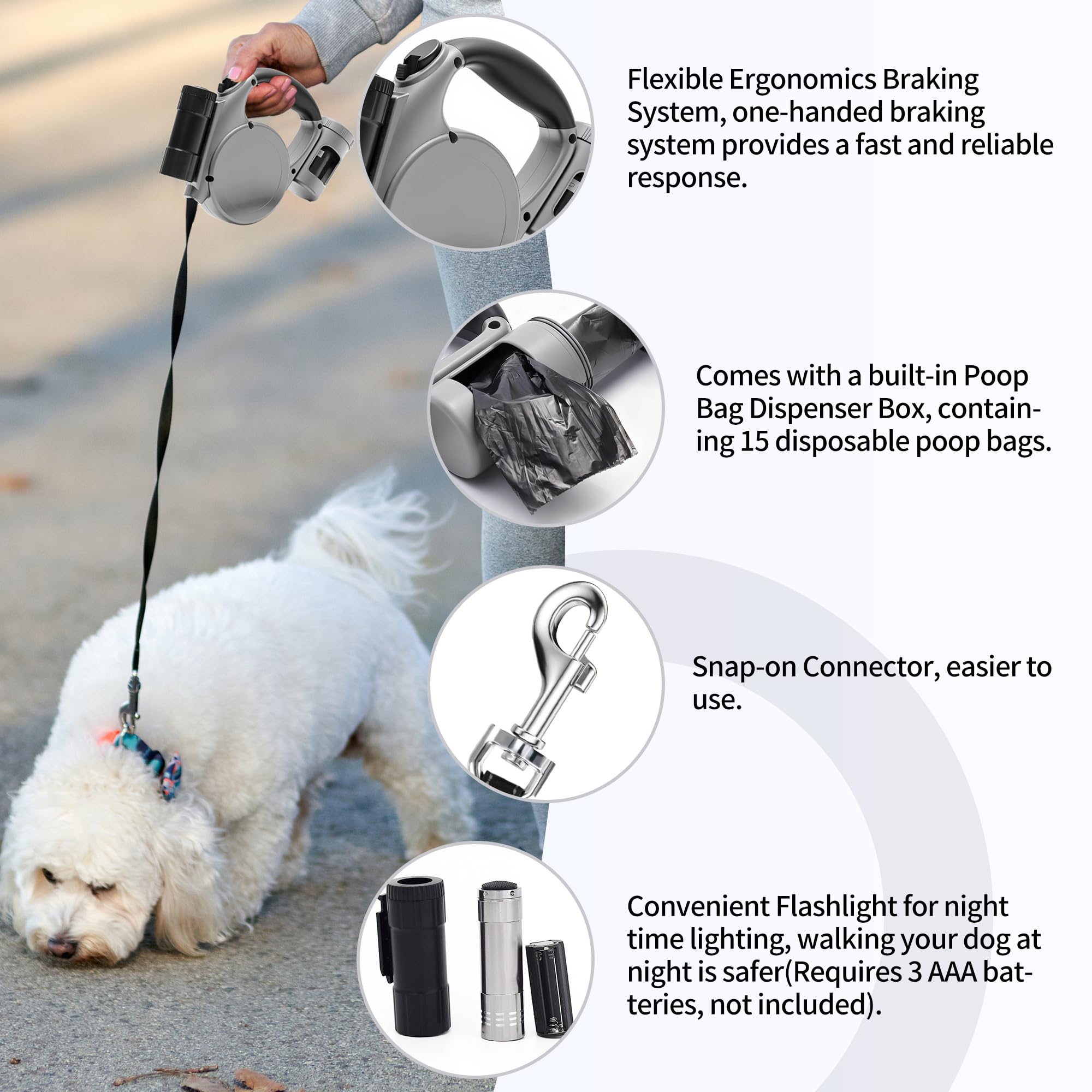 Laisse rétractable pour grand chien avec lampe de poche amovible et distributeur de sacs à déjections canines