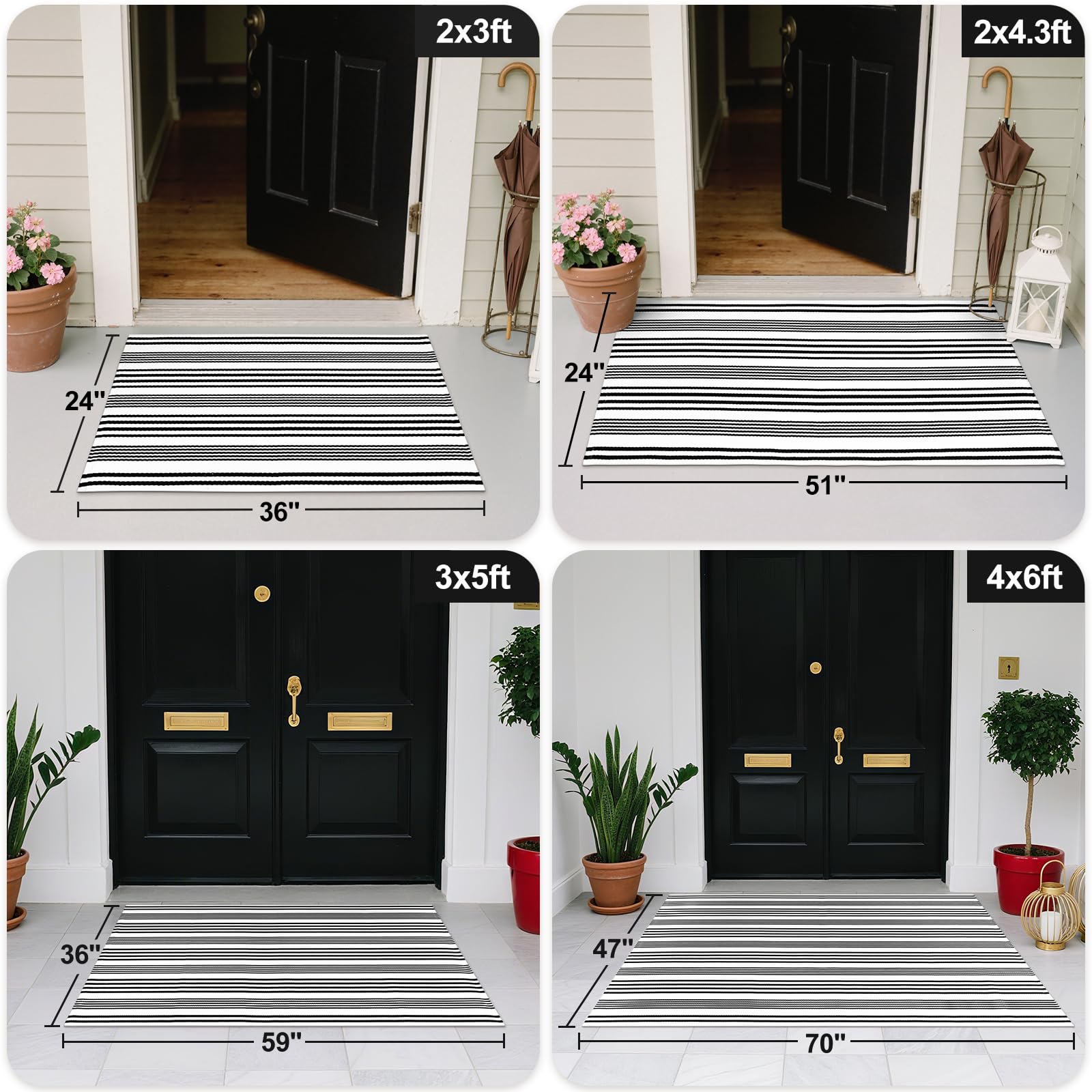 Schwarz-weiß gestreifter Outdoor-Teppich, 1,2 x 1,8 m, Baumwolle, moderner Bauernhaus-Teppich, handgewebt, wendbar, Türmatte, waschbar, Türteppich für Terrasse, Küche, Schlafzimmer