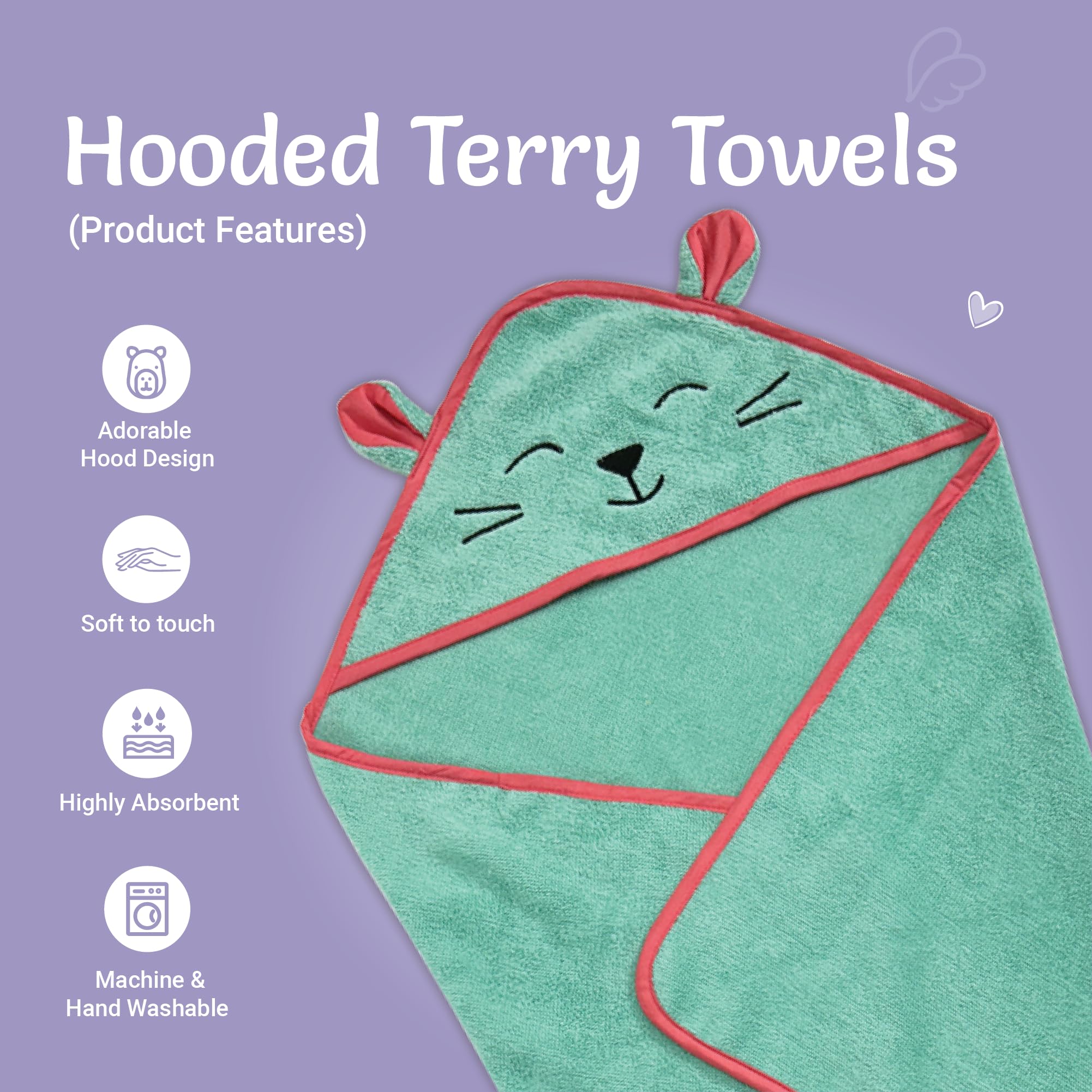 Kridlo 100% Cotton Terry Baby Hooded Towel for Newborn, Super Soft & Absorbent GSM-550 Bath Towel, 70x70cm, 0-2 Years (Pack of 1, Minty Green Cat) 3