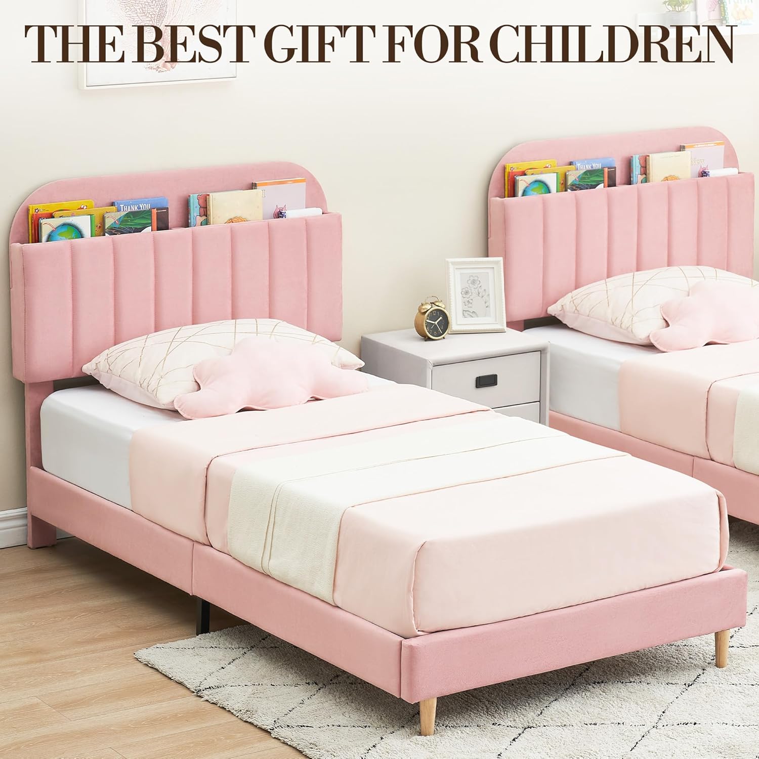 GAOMON Twin Bed Frame with Bookcase Headboard, Upholstered Platform, Kids Bed Frame Twin Size Bed with Wooden Slats Support for Boys, Girls, Teens, No Box Spring Needed